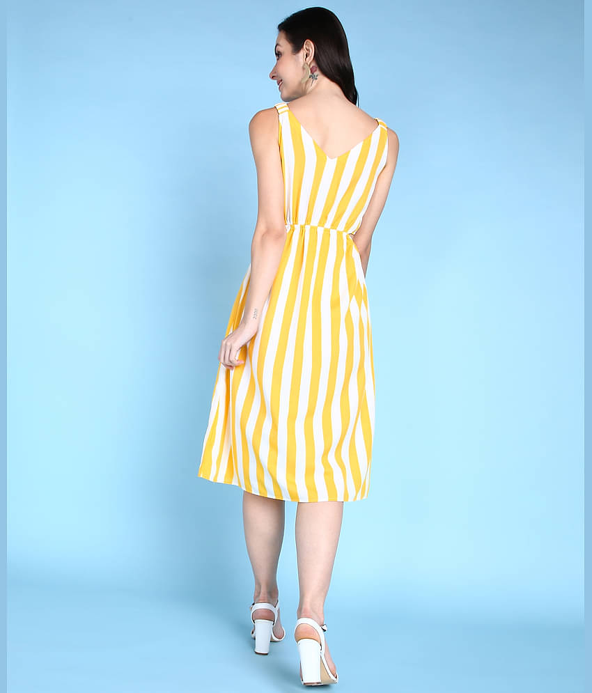 POPWINGS Polyester Striped Midi Women's A-line Dress - Yellow ( Pack of 1 )