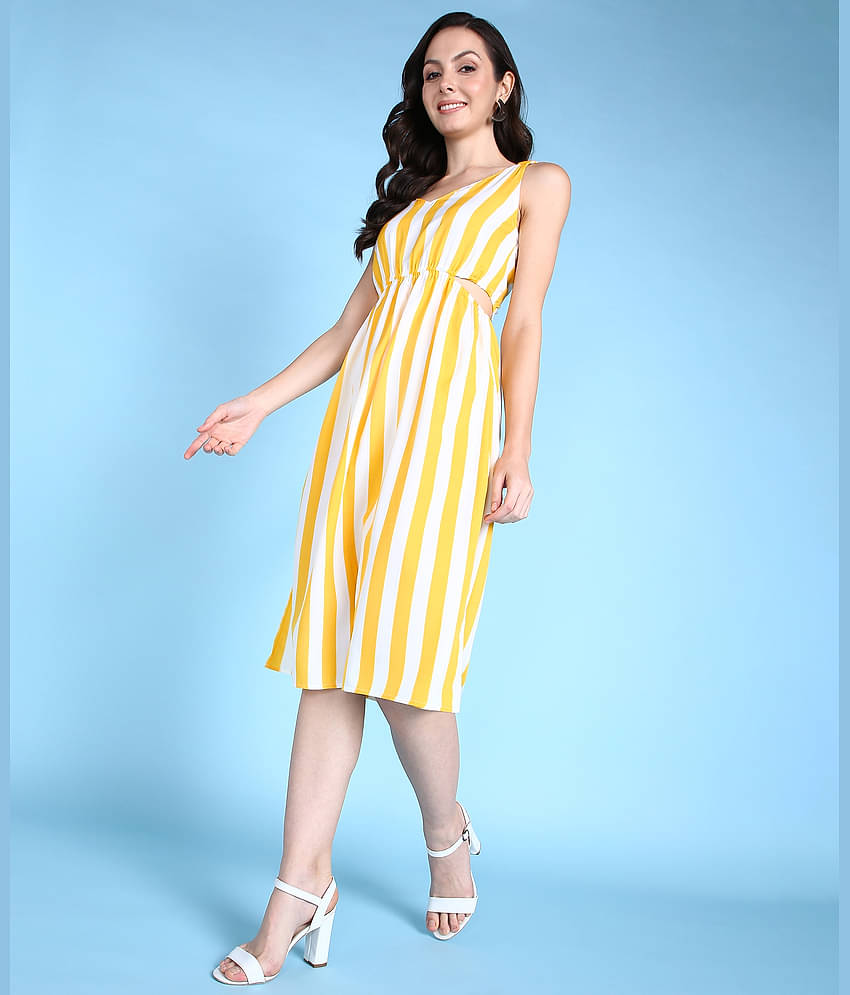 POPWINGS Polyester Striped Midi Women's A-line Dress - Yellow ( Pack of 1 )