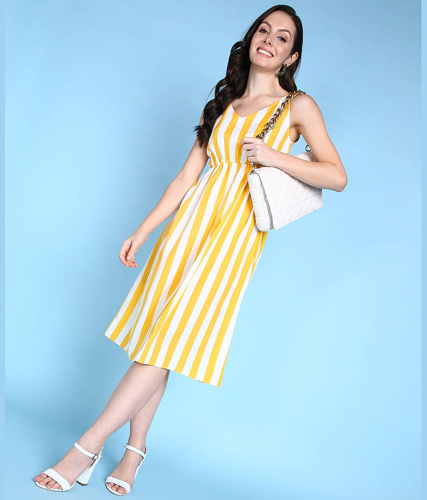 POPWINGS Polyester Striped Midi Women's A-line Dress - Yellow ( Pack of 1 )
