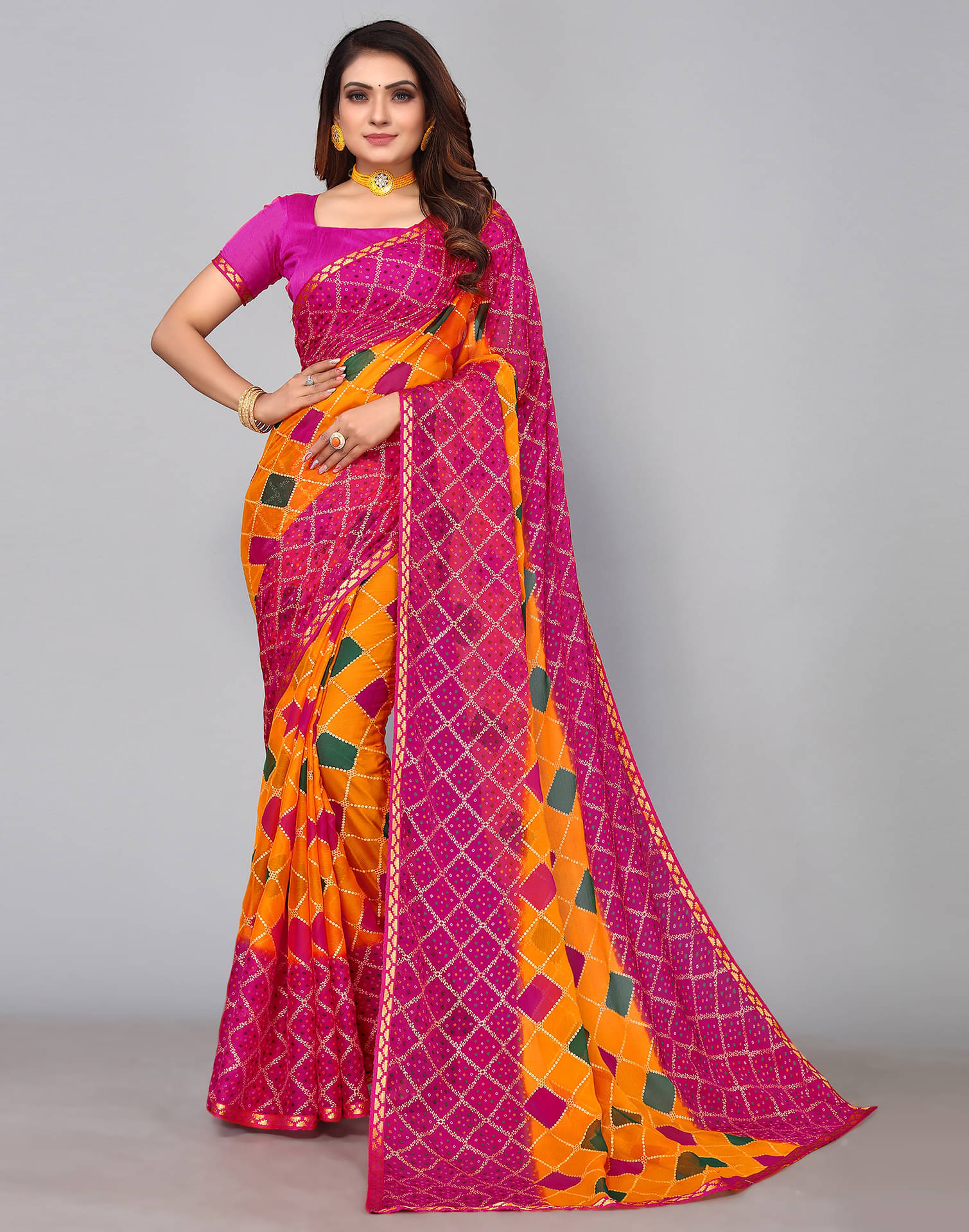     			Samah Chiffon Printed Saree With Unstitched Blouse Piece ( Gold )