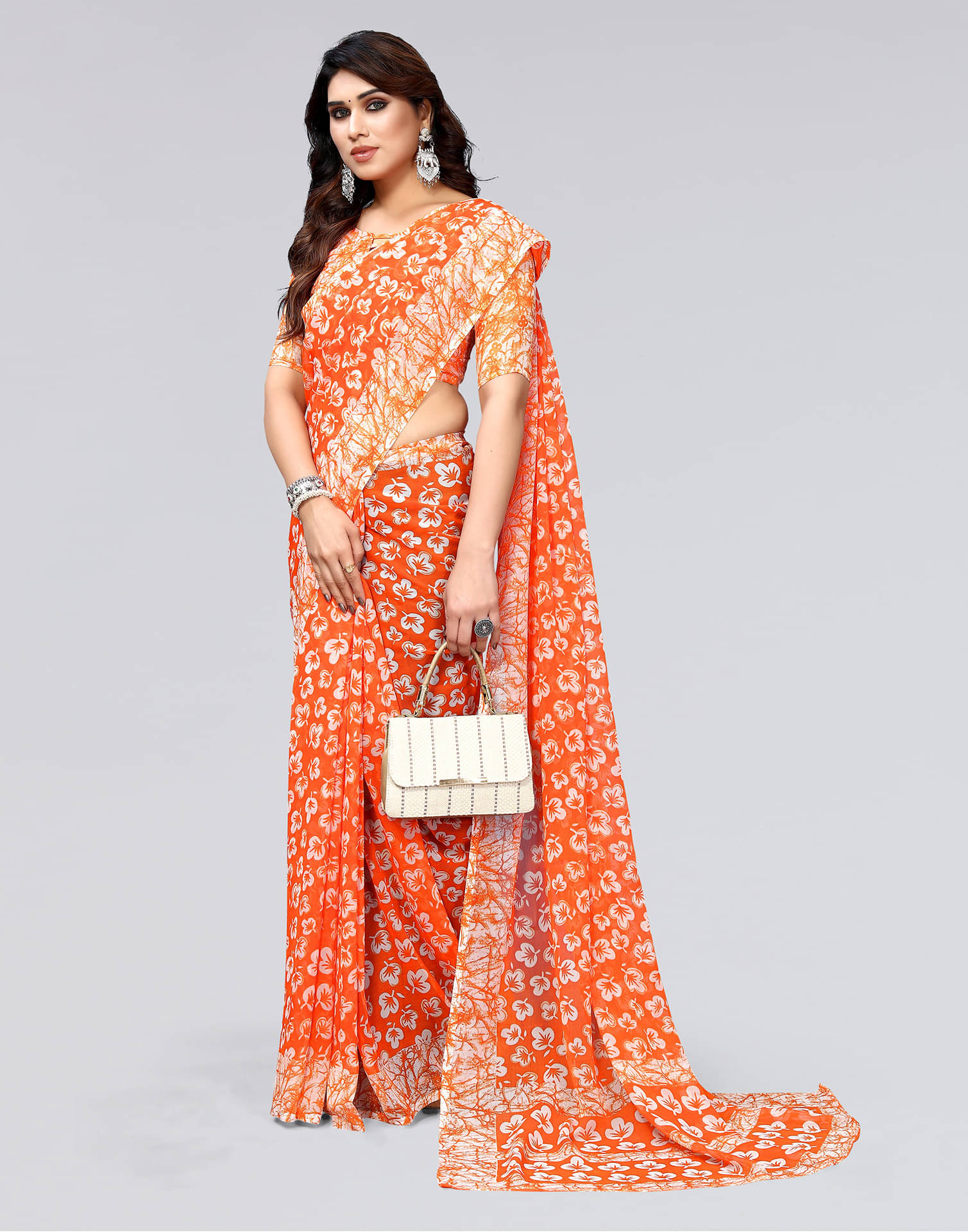 Samah Chiffon Printed Saree With Unstitched Blouse Piece ( Orange ) Samah Chiffon Printed Saree With Unstitched Blouse Piece ( Orange )