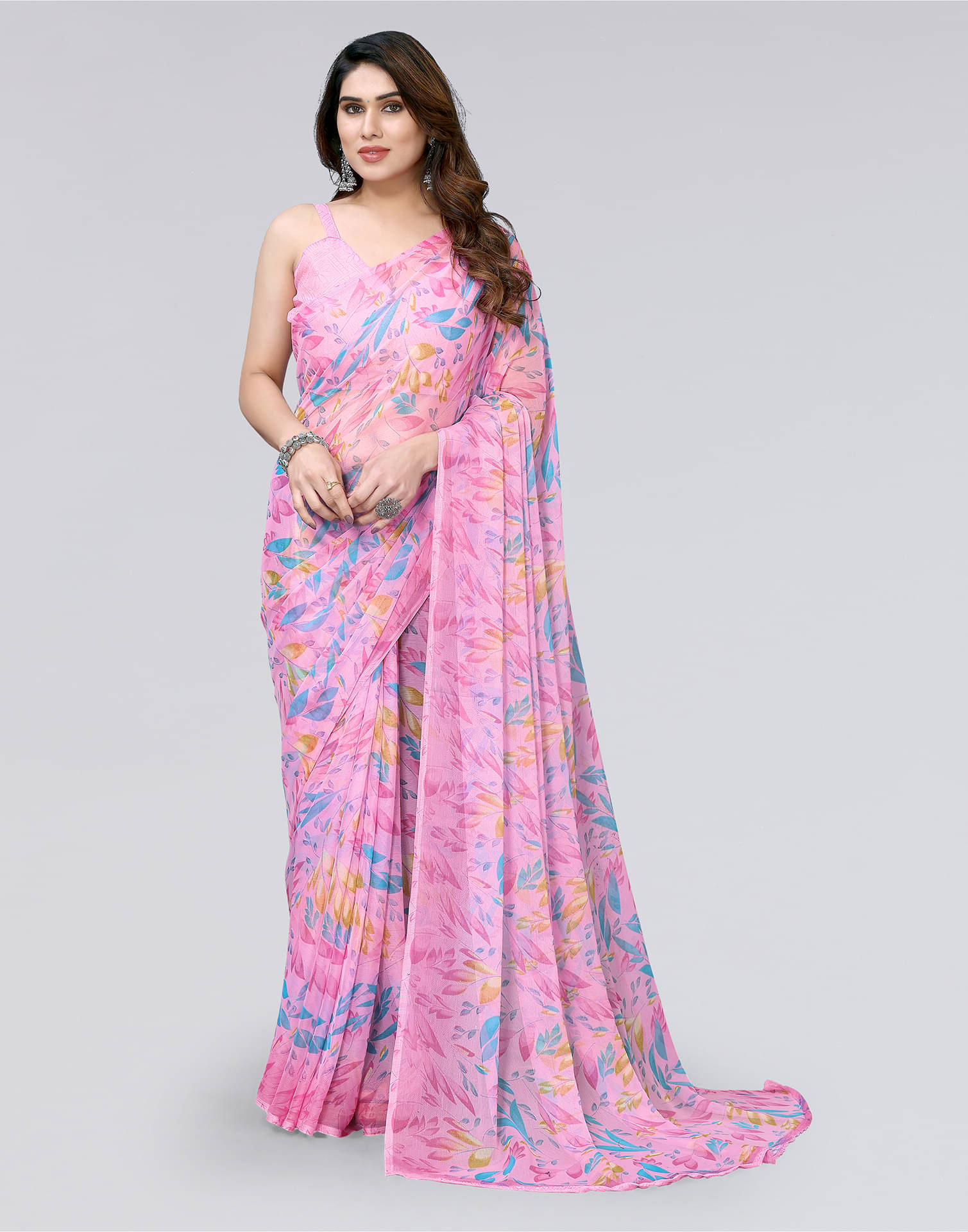     			Samah Chiffon Printed Saree With Unstitched Blouse Piece ( Pink )