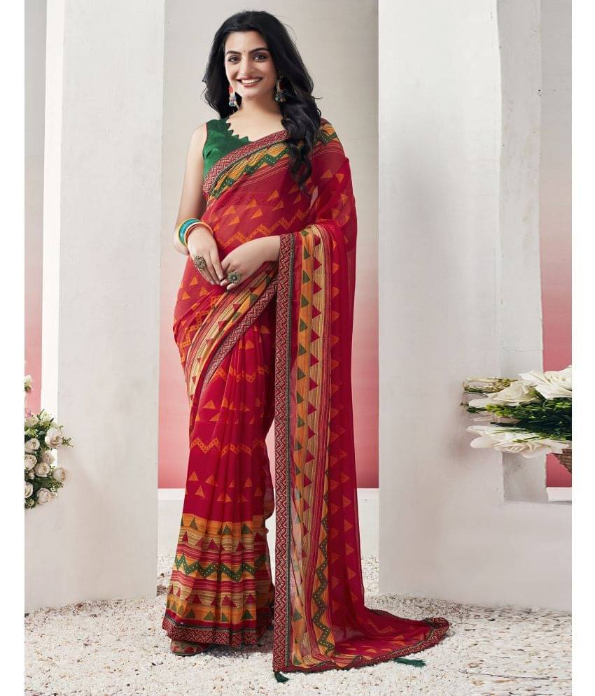 Samah Chiffon Printed Saree With Unstitched Blouse Piece ( Red ) Samah Chiffon Printed Saree With Unstitched Blouse Piece ( Red )