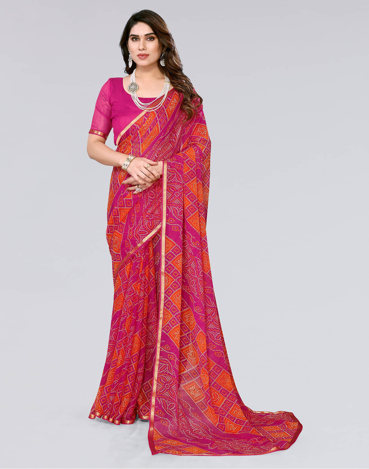 Samah Chiffon Printed Saree With Unstitched Blouse Piece ( Pink ) Samah Chiffon Printed Saree With Unstitched Blouse Piece ( Pink )