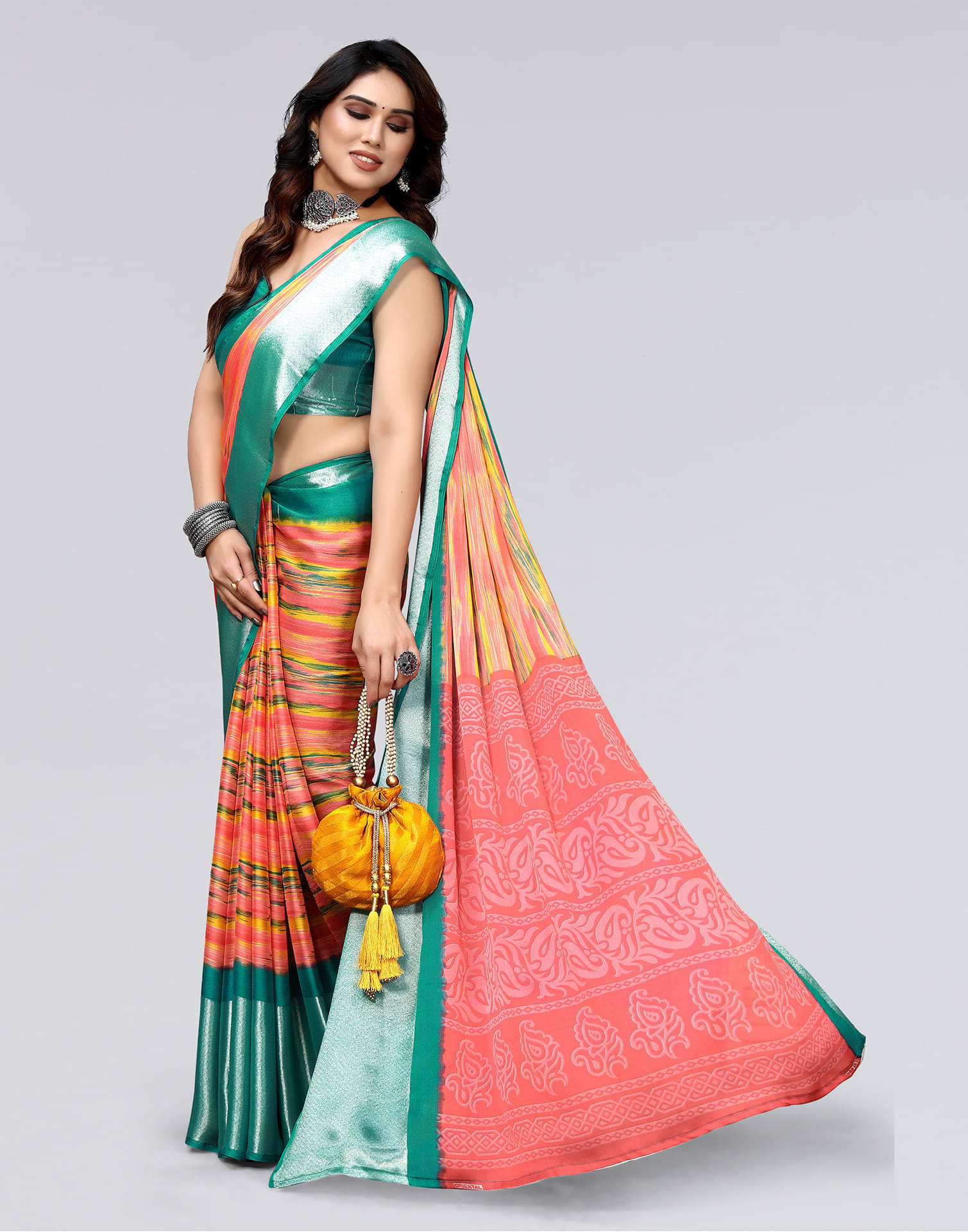    			Samah Chiffon Printed Saree With Unstitched Blouse Piece ( Multicolor )