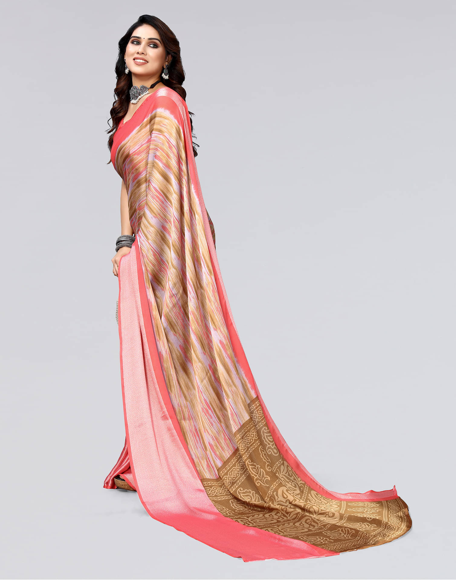     			Samah Chiffon Printed Saree With Unstitched Blouse Piece ( Brown )