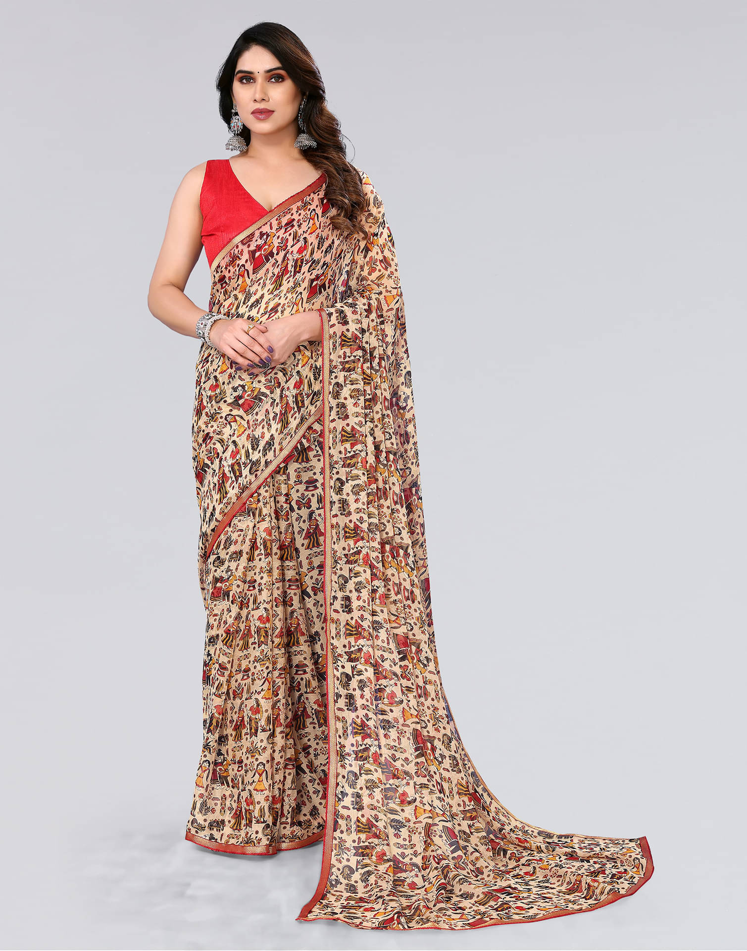 Samah Chiffon Printed Saree With Unstitched Blouse Piece ( Beige ) Samah Chiffon Printed Saree With Unstitched Blouse Piece ( Beige )