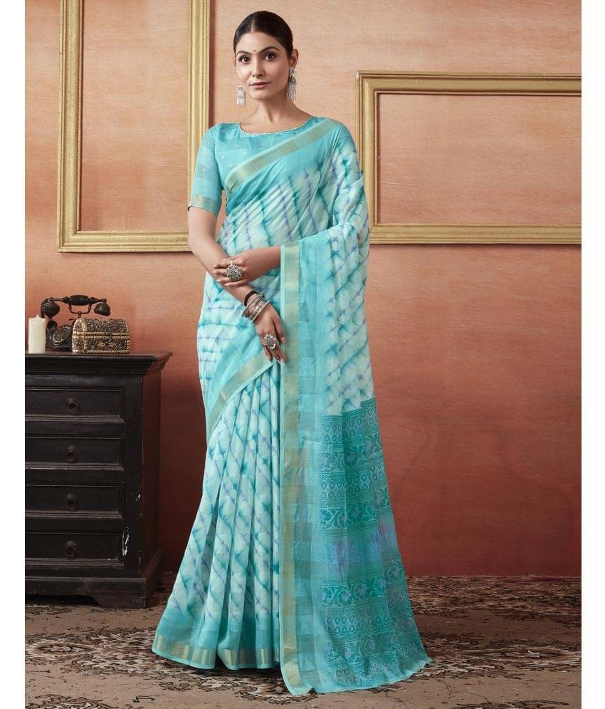 Samah Cotton Blend Printed Saree With Unstitched Blouse Piece ( Light Blue ) Samah Cotton Blend Printed Saree With Unstitched Blouse Piece ( Light Blue )