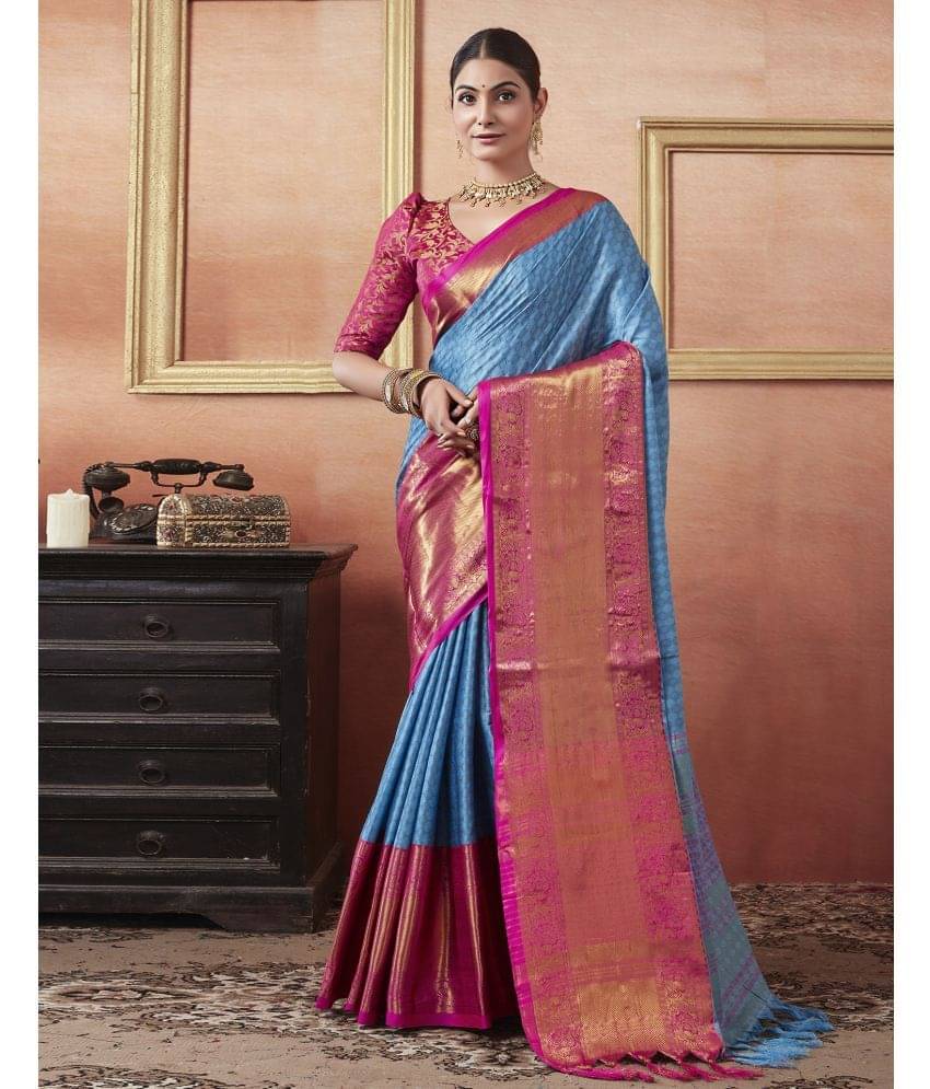 Samah Cotton Silk Self Design Saree With Unstitched Blouse Piece ( Blue )     			Samah Cotton Silk Self Design Saree With Unstitched Blouse Piece ( Blue )