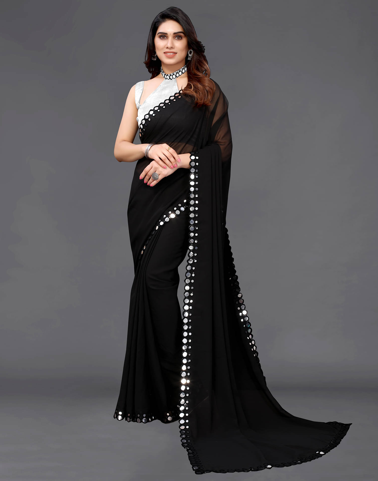 Samah Georgette Dyed Saree With Unstitched Blouse Piece ( Black ) Samah Georgette Dyed Saree With Unstitched Blouse Piece ( Black )