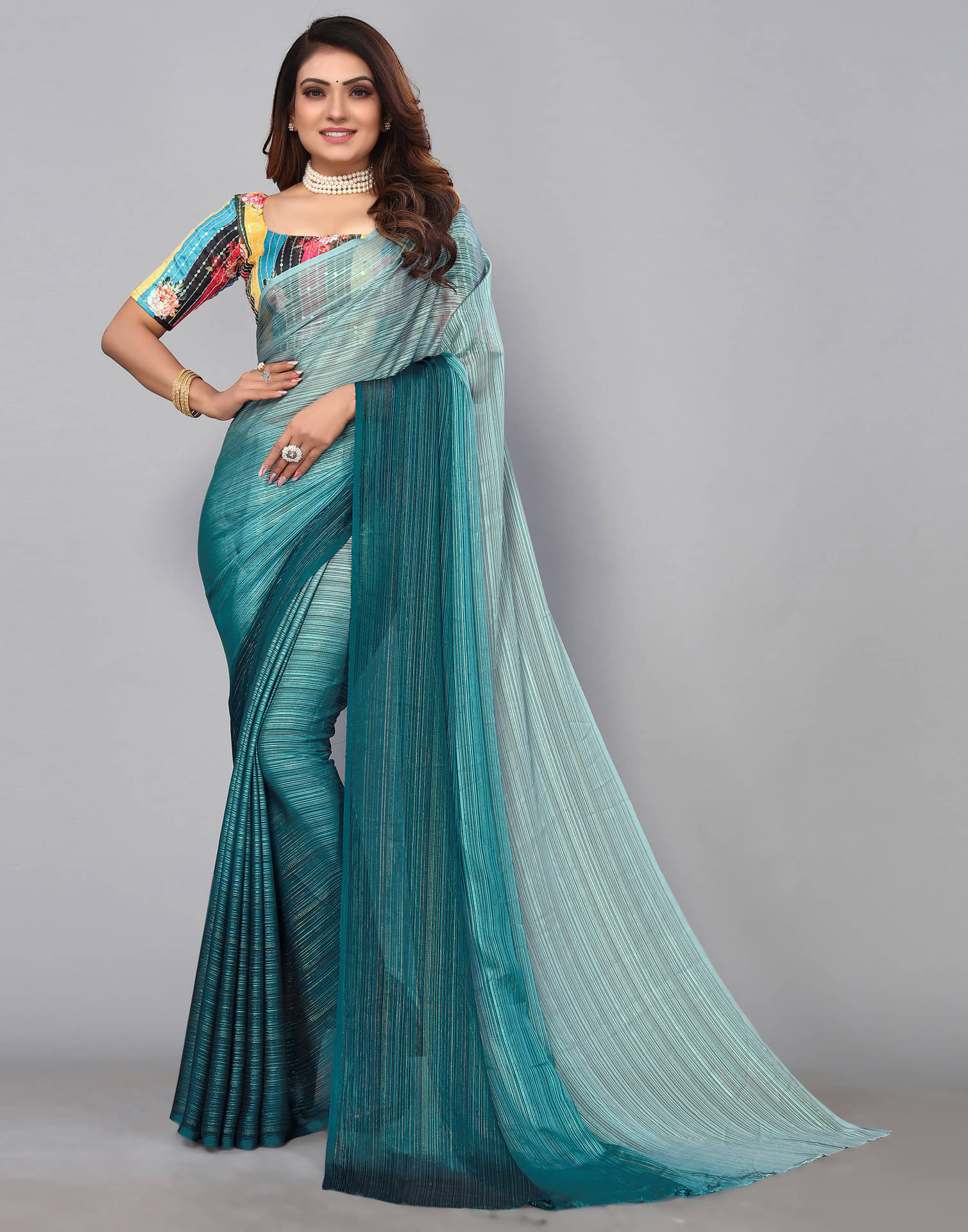     			Samah Georgette Dyed Saree With Unstitched Blouse Piece ( Light Blue )