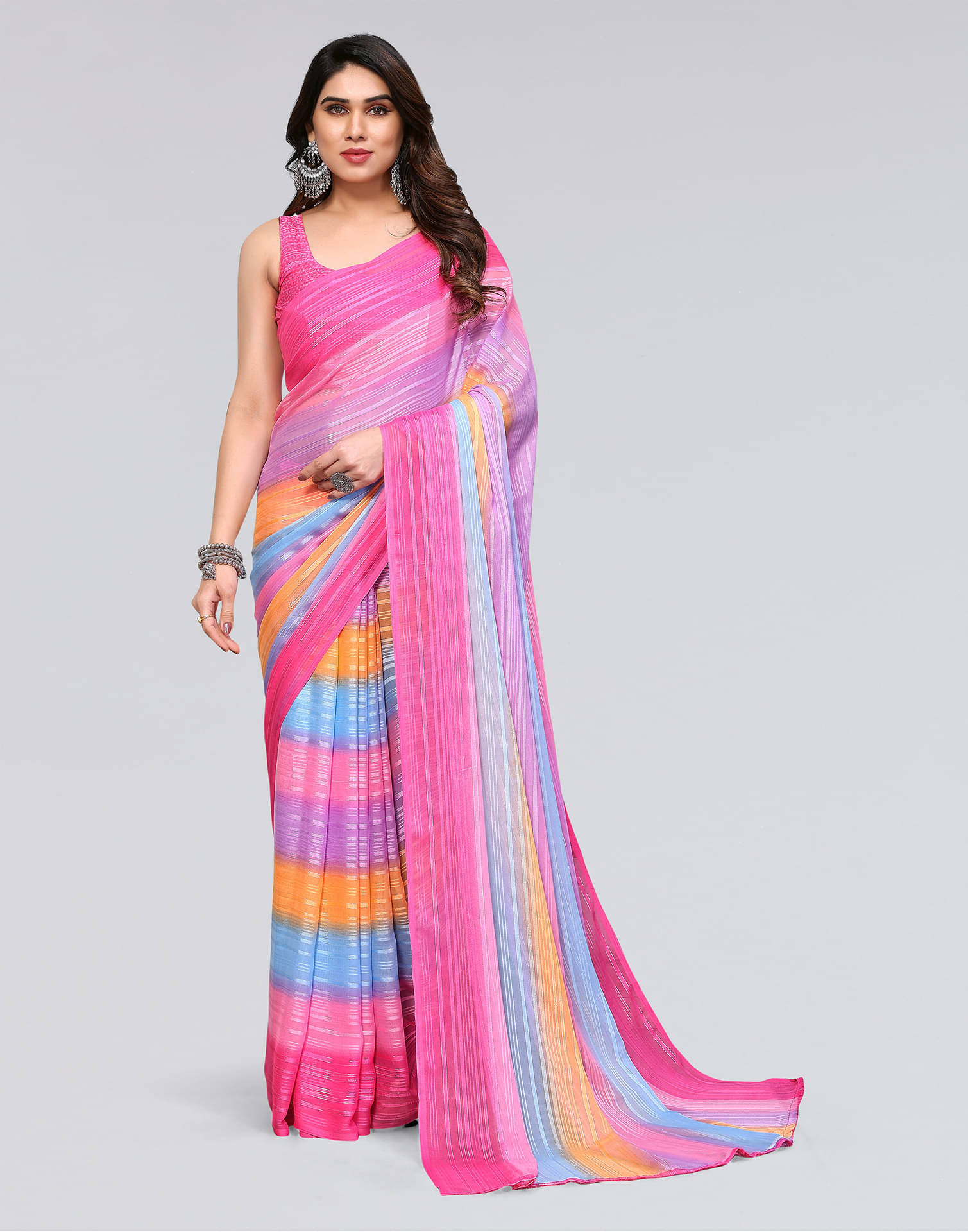     			Samah Georgette Printed Saree With Unstitched Blouse Piece ( Pink )