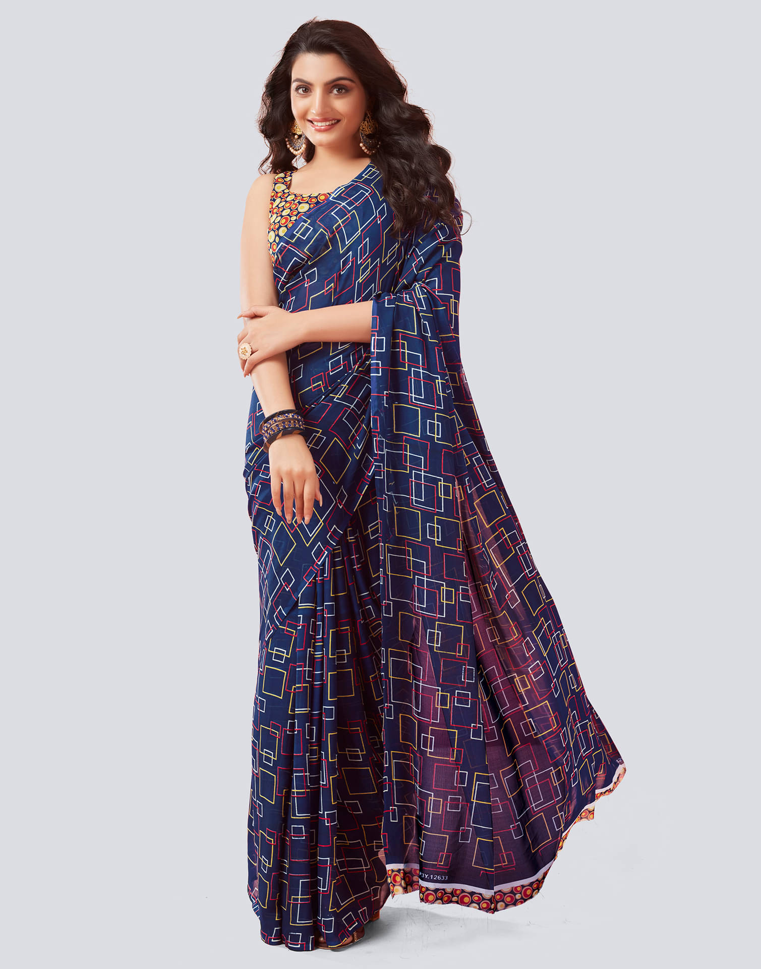 Samah Georgette Printed Saree With Unstitched Blouse Piece ( Navy Blue ) Samah Georgette Printed Saree With Unstitched Blouse Piece ( Navy Blue )
