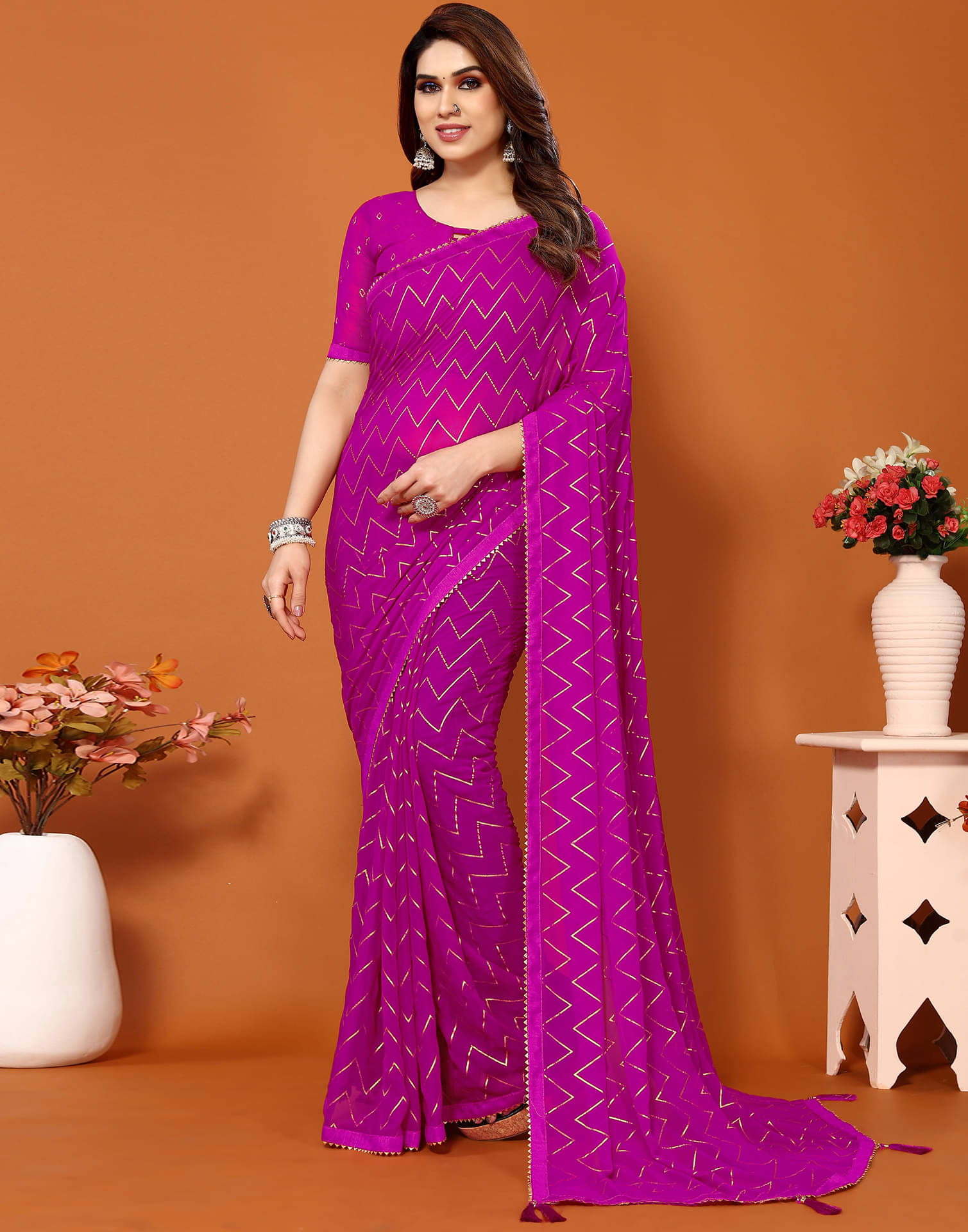 Samah Georgette Printed Saree With Unstitched Blouse Piece ( Pink ) Samah Georgette Printed Saree With Unstitched Blouse Piece ( Pink )