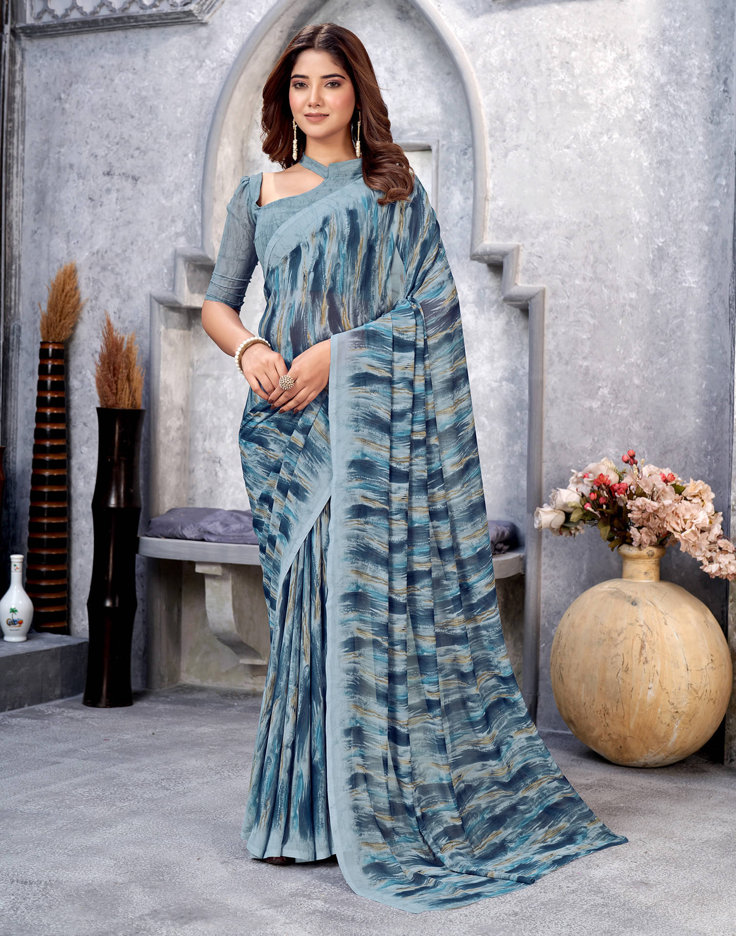 Samah Georgette Printed Saree With Unstitched Blouse Piece ( Dark Grey ) Samah Georgette Printed Saree With Unstitched Blouse Piece ( Dark Grey )