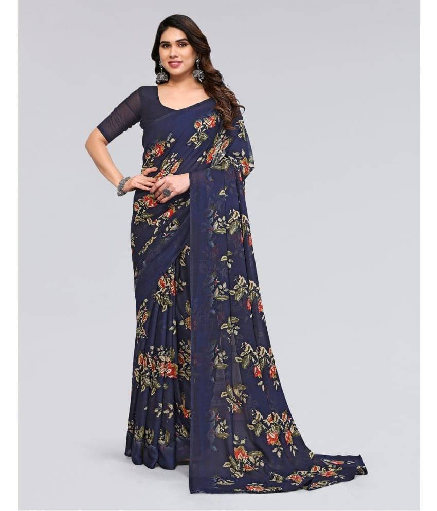 Samah Georgette Printed Saree With Unstitched Blouse Piece ( Navy Blue ) Samah Georgette Printed Saree With Unstitched Blouse Piece ( Navy Blue )