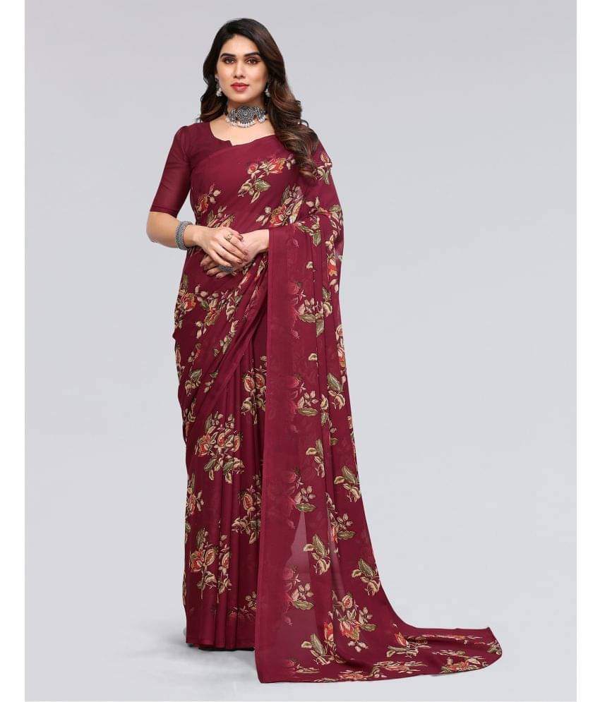Samah Georgette Printed Saree With Unstitched Blouse Piece ( Maroon ) Samah Georgette Printed Saree With Unstitched Blouse Piece ( Maroon )