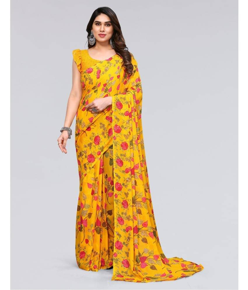     			Samah Georgette Printed Saree With Unstitched Blouse Piece ( Yellow )