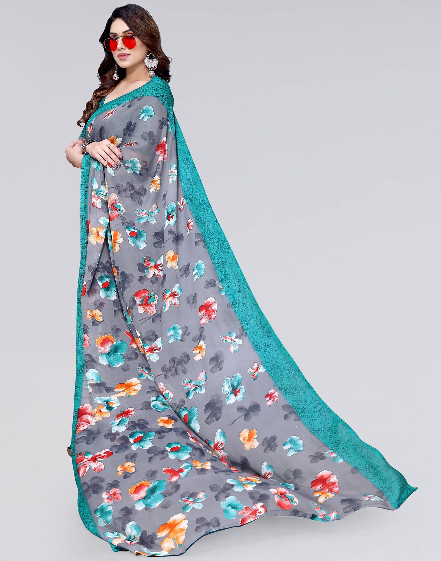Samah Georgette Printed Saree With Unstitched Blouse Piece ( Grey ) Samah Georgette Printed Saree With Unstitched Blouse Piece ( Grey )