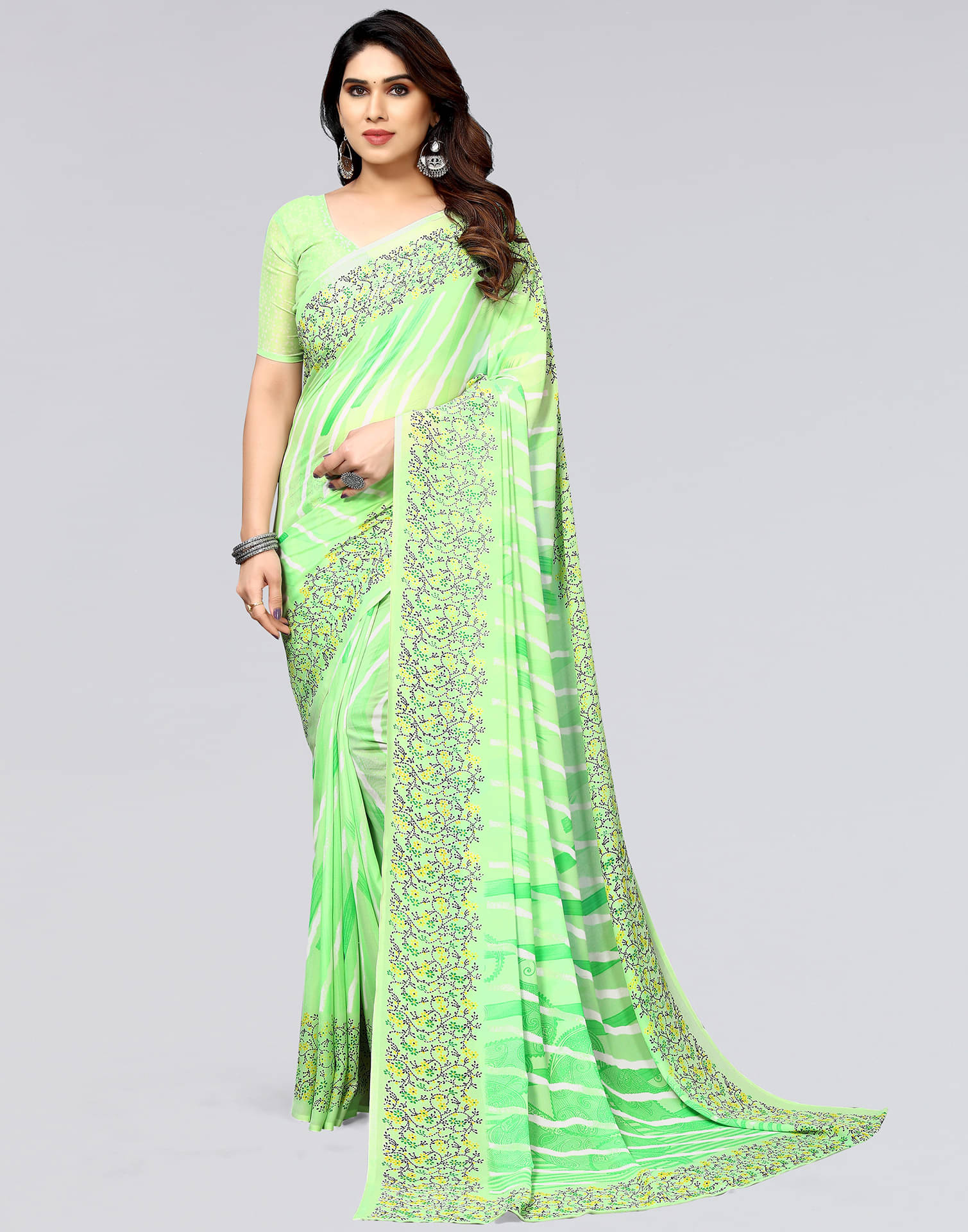 Samah Georgette Printed Saree With Unstitched Blouse Piece ( Lime Green ) Samah Georgette Printed Saree With Unstitched Blouse Piece ( Lime Green )