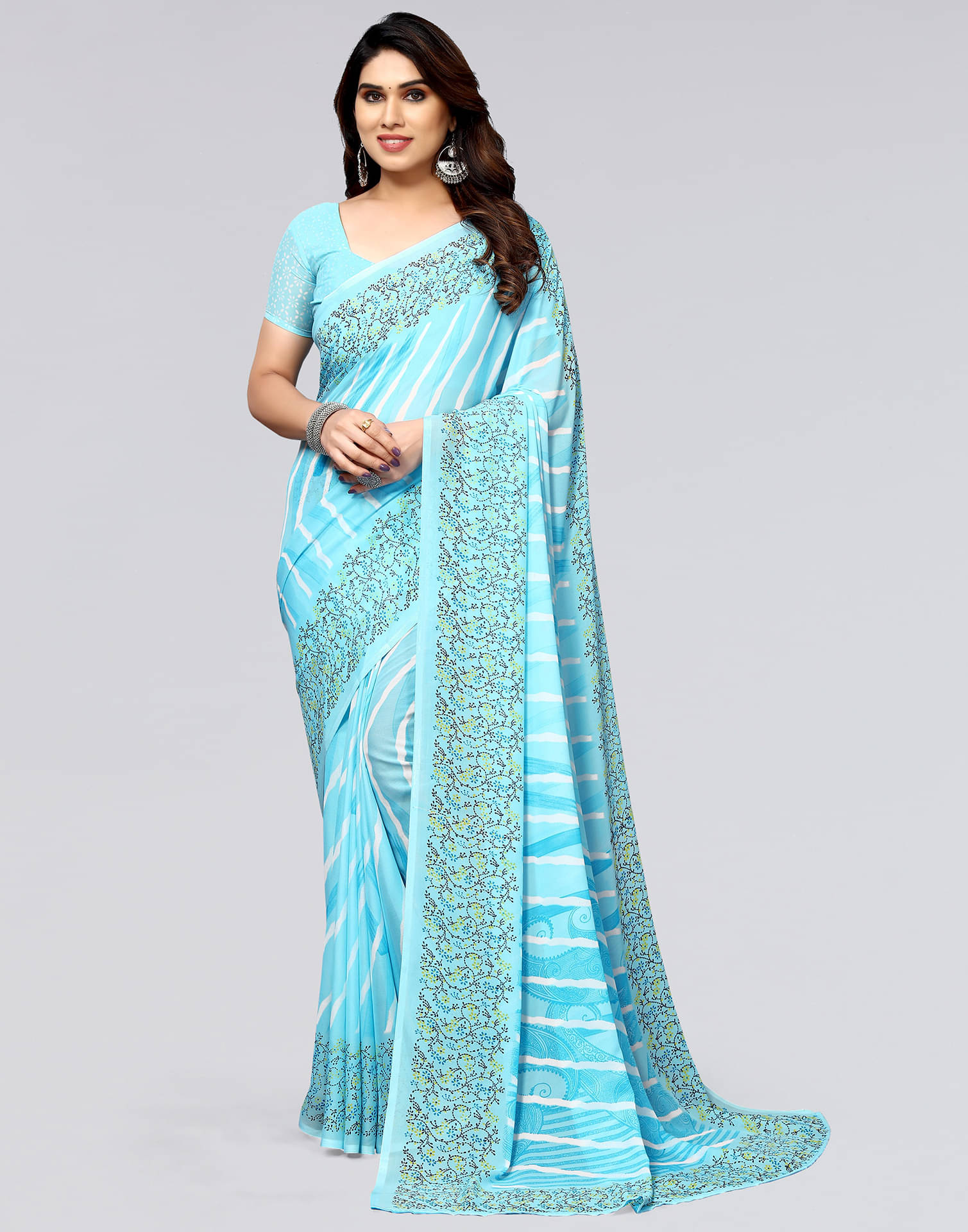 Samah Georgette Printed Saree With Unstitched Blouse Piece ( Light Blue ) Samah Georgette Printed Saree With Unstitched Blouse Piece ( Light Blue )
