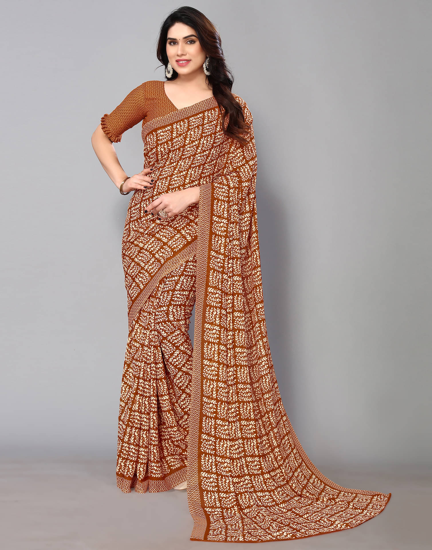 Samah Georgette Printed Saree With Unstitched Blouse Piece ( Rust ) Samah Georgette Printed Saree With Unstitched Blouse Piece ( Rust )