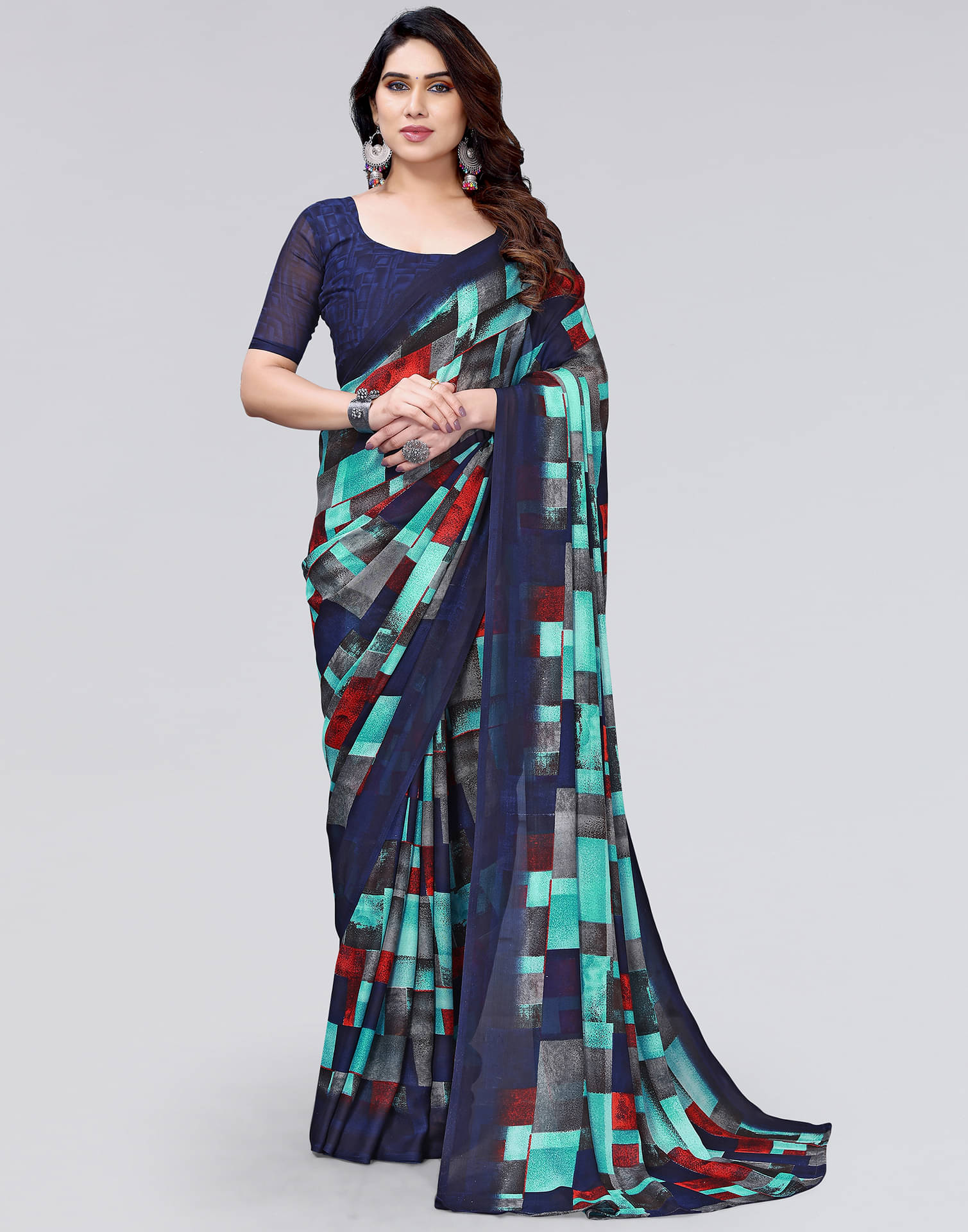     			Samah Georgette Printed Saree With Unstitched Blouse Piece ( Navy Blue )