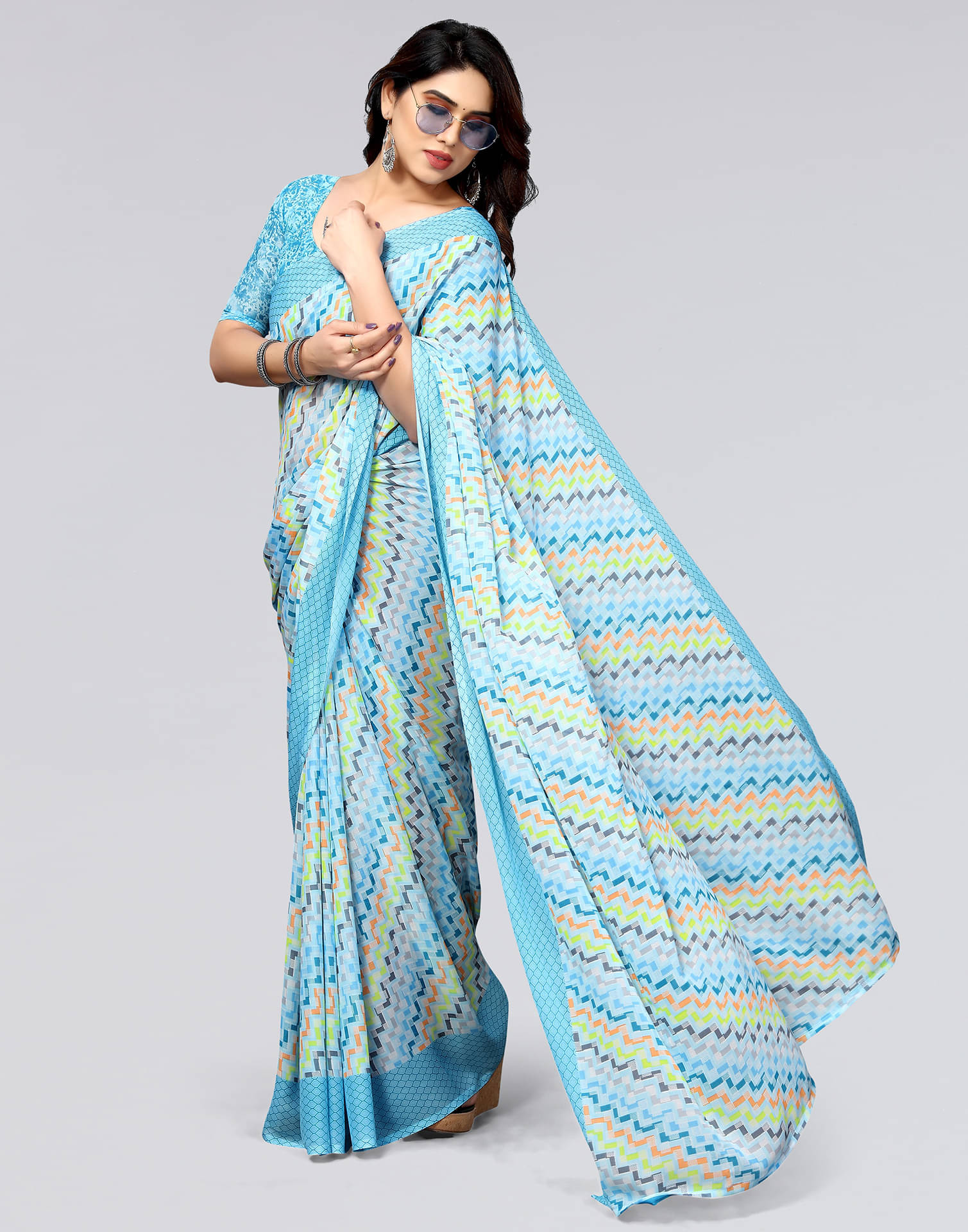 Samah Georgette Printed Saree With Unstitched Blouse Piece ( Light Blue ) Samah Georgette Printed Saree With Unstitched Blouse Piece ( Light Blue )