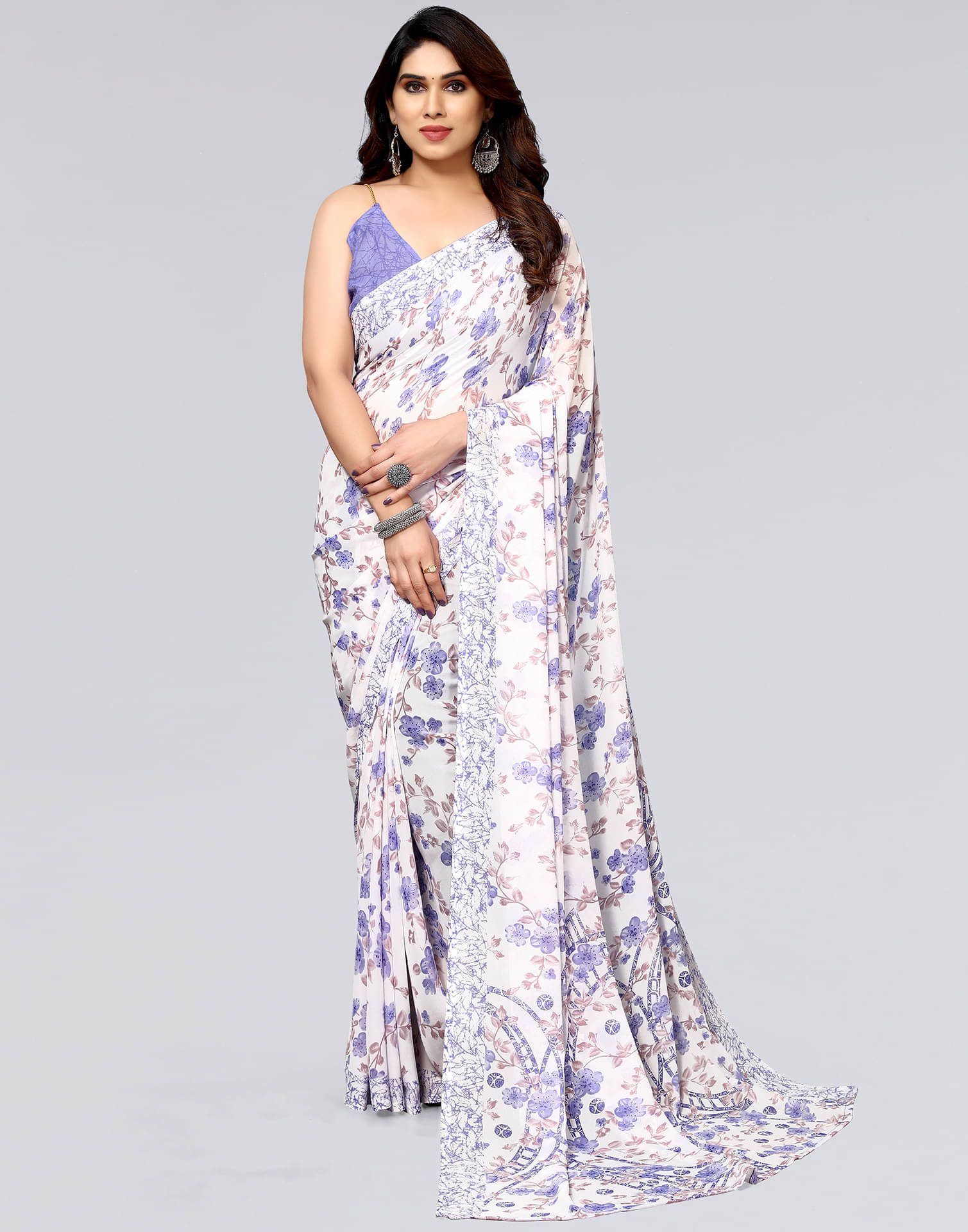     			Samah Georgette Printed Saree With Unstitched Blouse Piece ( White )