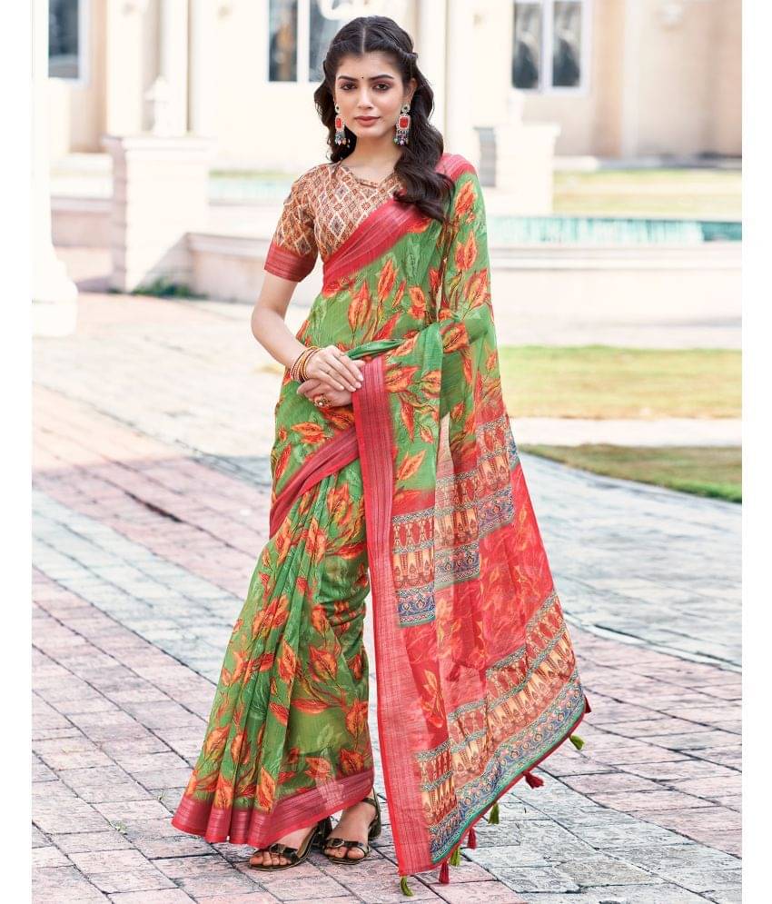 Samah Linen Printed Saree With Unstitched Blouse Piece ( Green ) Samah Linen Printed Saree With Unstitched Blouse Piece ( Green )