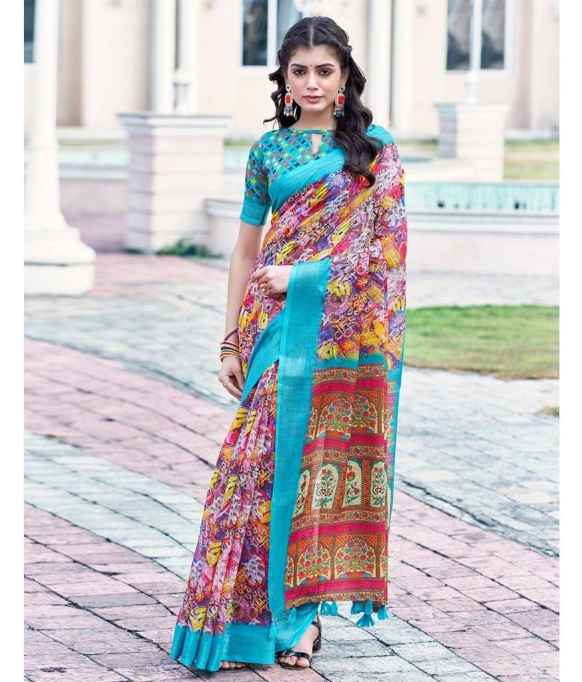     			Samah Linen Printed Saree With Unstitched Blouse Piece ( SkyBlue )