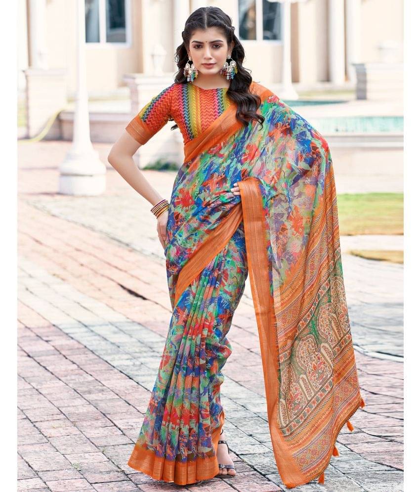 Samah Linen Printed Saree With Unstitched Blouse Piece ( Orange ) Samah Linen Printed Saree With Unstitched Blouse Piece ( Orange )