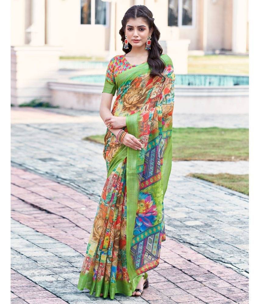    			Samah Linen Printed Saree With Unstitched Blouse Piece ( Light Green )