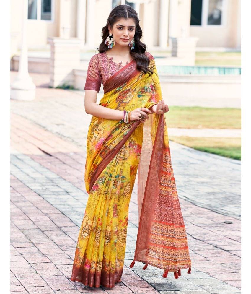 Samah Linen Printed Saree With Unstitched Blouse Piece ( Yellow ) Samah Linen Printed Saree With Unstitched Blouse Piece ( Yellow )