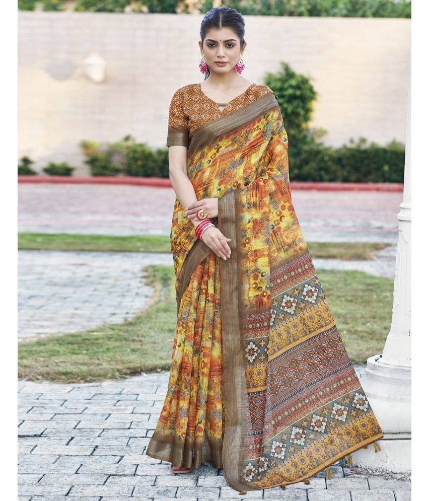     			Samah Linen Printed Saree With Unstitched Blouse Piece ( Yellow )