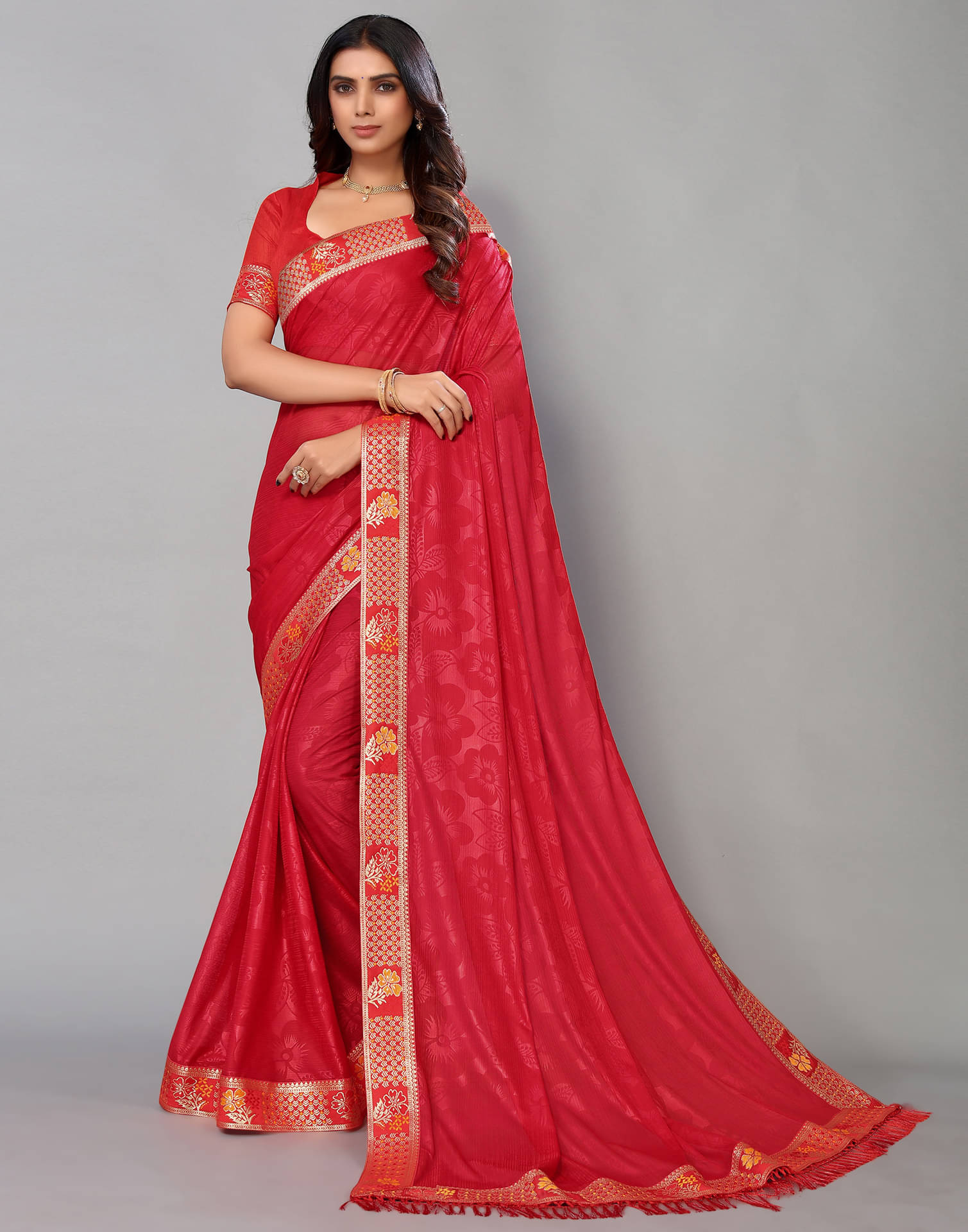 Samah Lycra Printed Saree With Unstitched Blouse Piece ( Red ) Samah Lycra Printed Saree With Unstitched Blouse Piece ( Red )