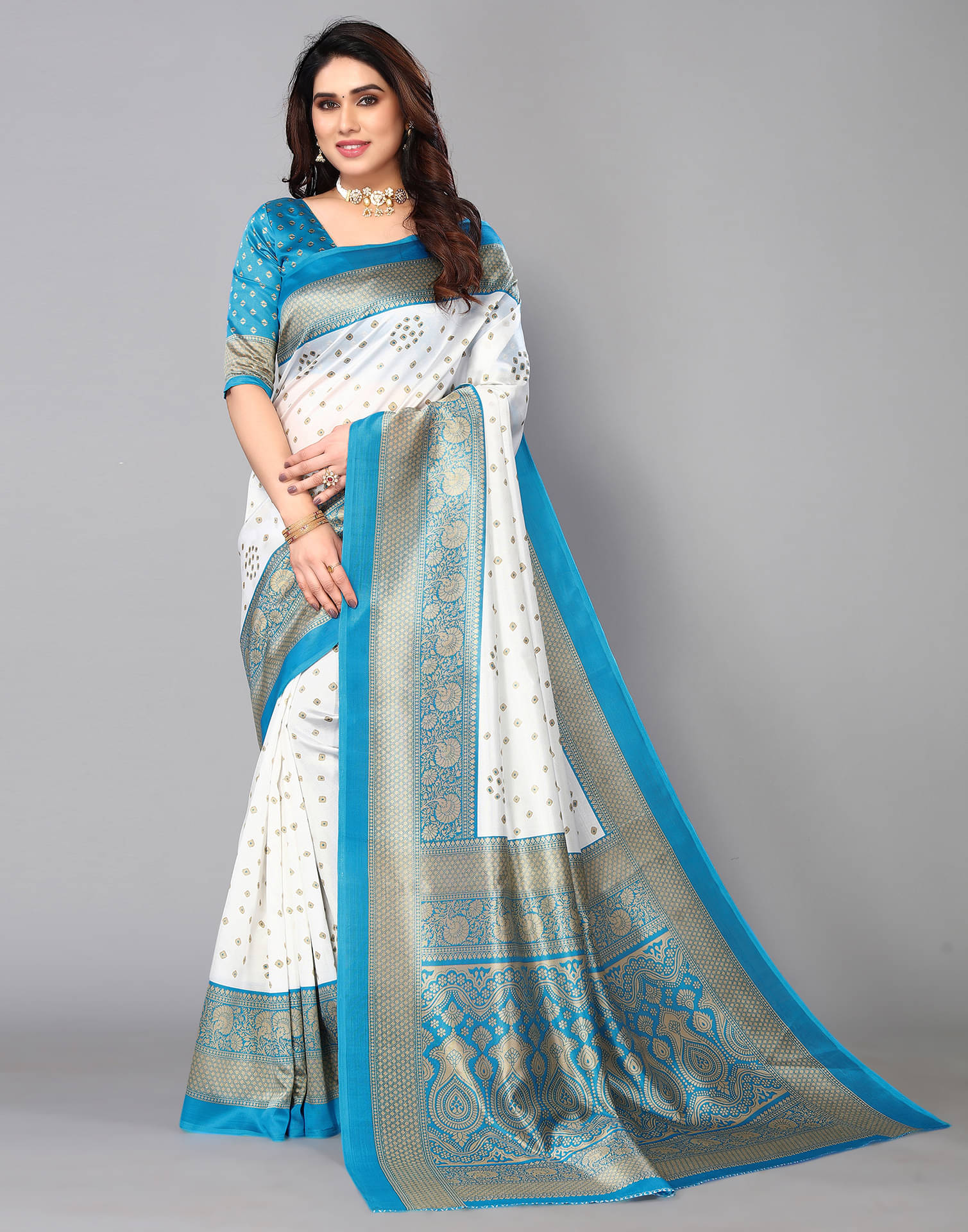     			Samah Silk Blend Printed Saree With Unstitched Blouse Piece ( Off White )