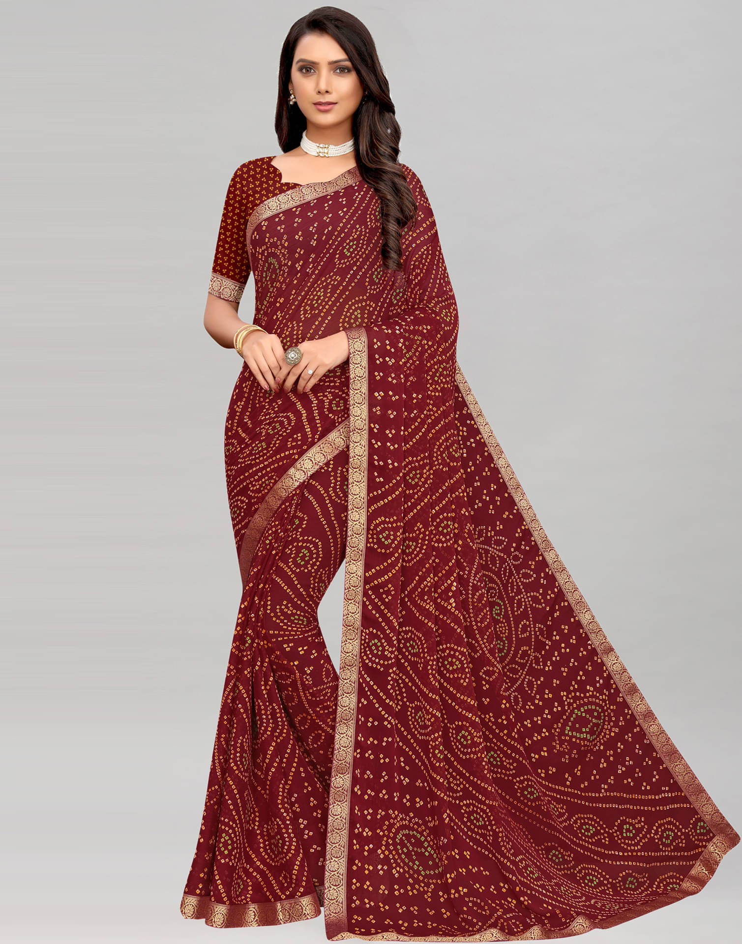     			Satrani Chiffon Printed Saree With Unstitched Blouse Piece ( Maroon )