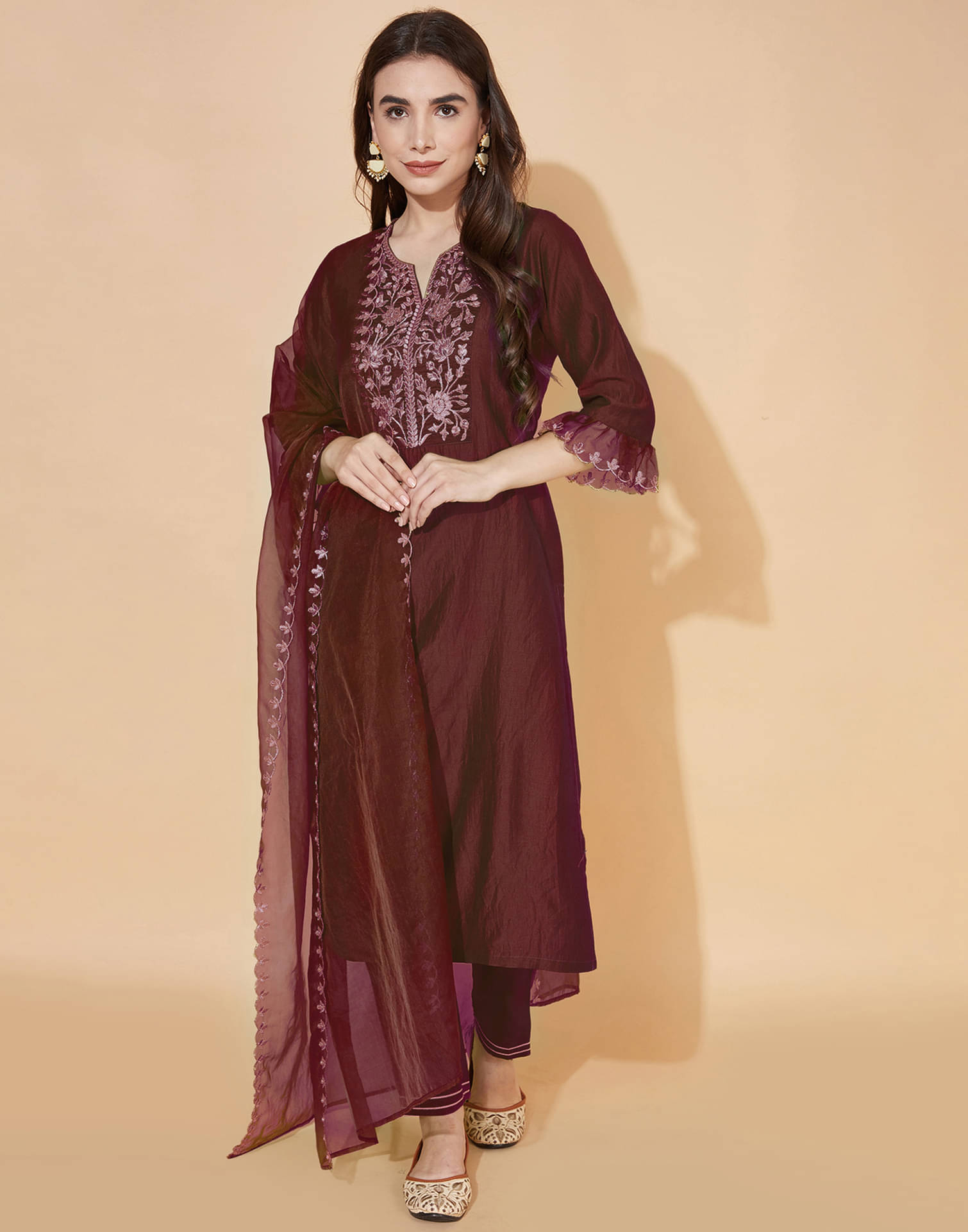     			Skylee Chiffon Embroidered Kurti With Pants Women's Stitched Salwar Suit - Maroon ( Pack of 1 )