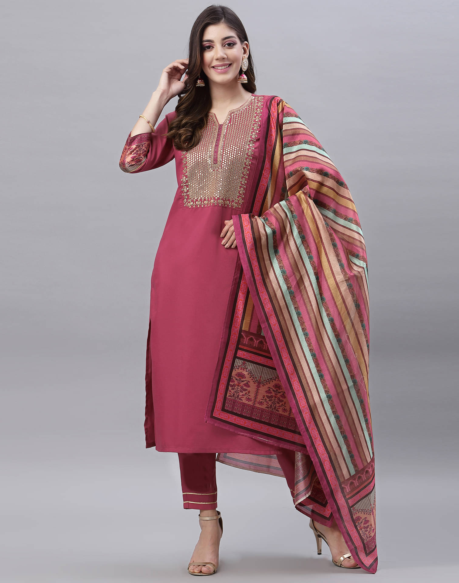 Skylee Chiffon Embroidered Kurti With Pants Women's Stitched Salwar Suit - Pink ( Pack of 1 ) Skylee Chiffon Embroidered Kurti With Pants Women's Stitched Salwar Suit - Pink ( Pack of 1 )