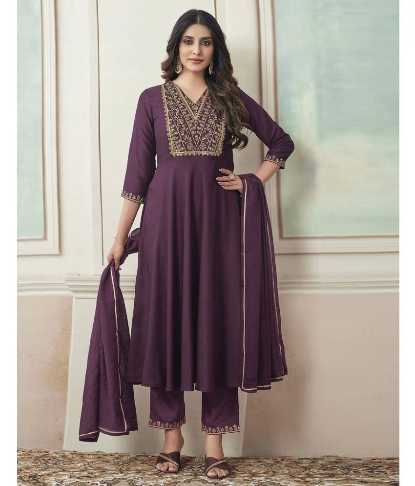 Skylee Chiffon Embroidered Kurti With Pants Women's Stitched Salwar Suit - Wine ( Pack of 1 ) Skylee Chiffon Embroidered Kurti With Pants Women's Stitched Salwar Suit - Wine ( Pack of 1 )