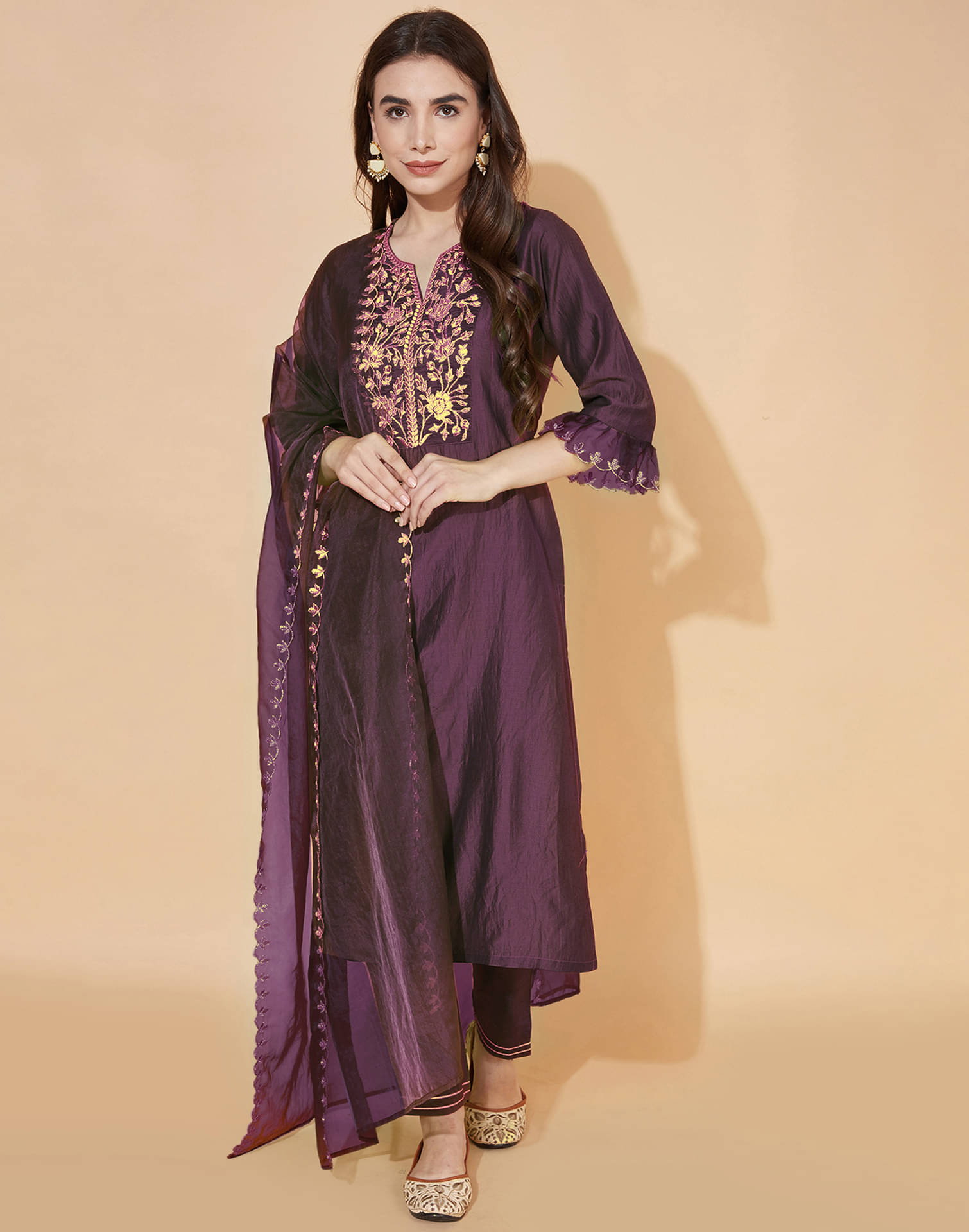 Skylee Chiffon Embroidered Kurti With Pants Women's Stitched Salwar Suit - Wine ( Pack of 1 ) Skylee Chiffon Embroidered Kurti With Pants Women's Stitched Salwar Suit - Wine ( Pack of 1 )