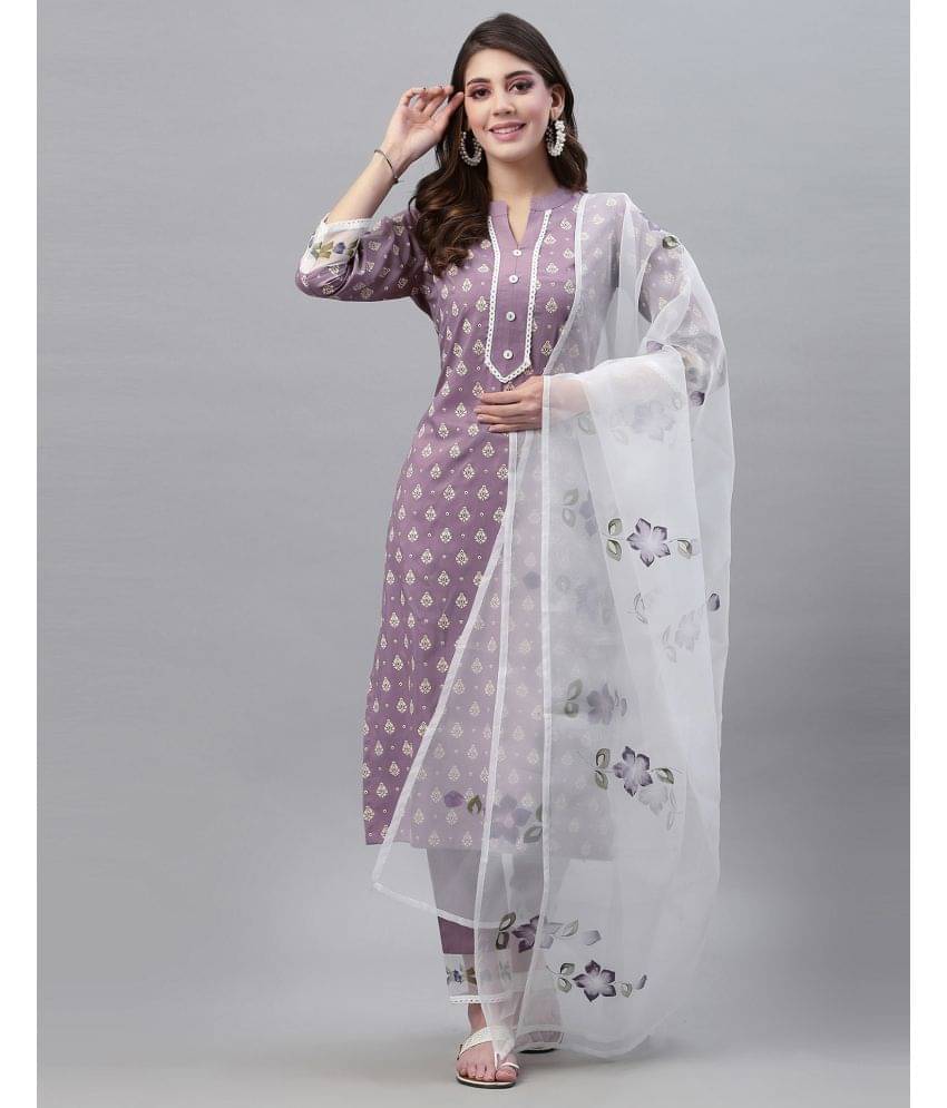     			Skylee Chiffon Printed Kurti With Pants Women's Stitched Salwar Suit - Lavender ( Pack of 1 )
