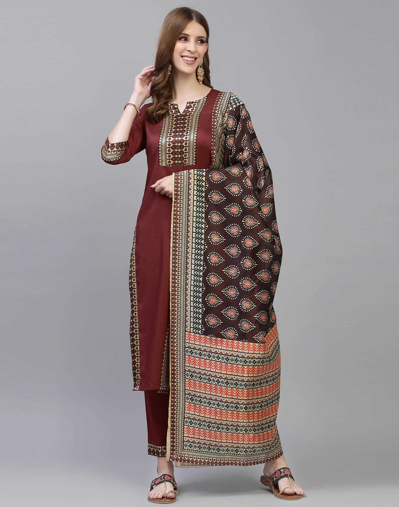     			Skylee Chiffon Printed Kurti With Pants Women's Stitched Salwar Suit - Maroon ( Pack of 1 )