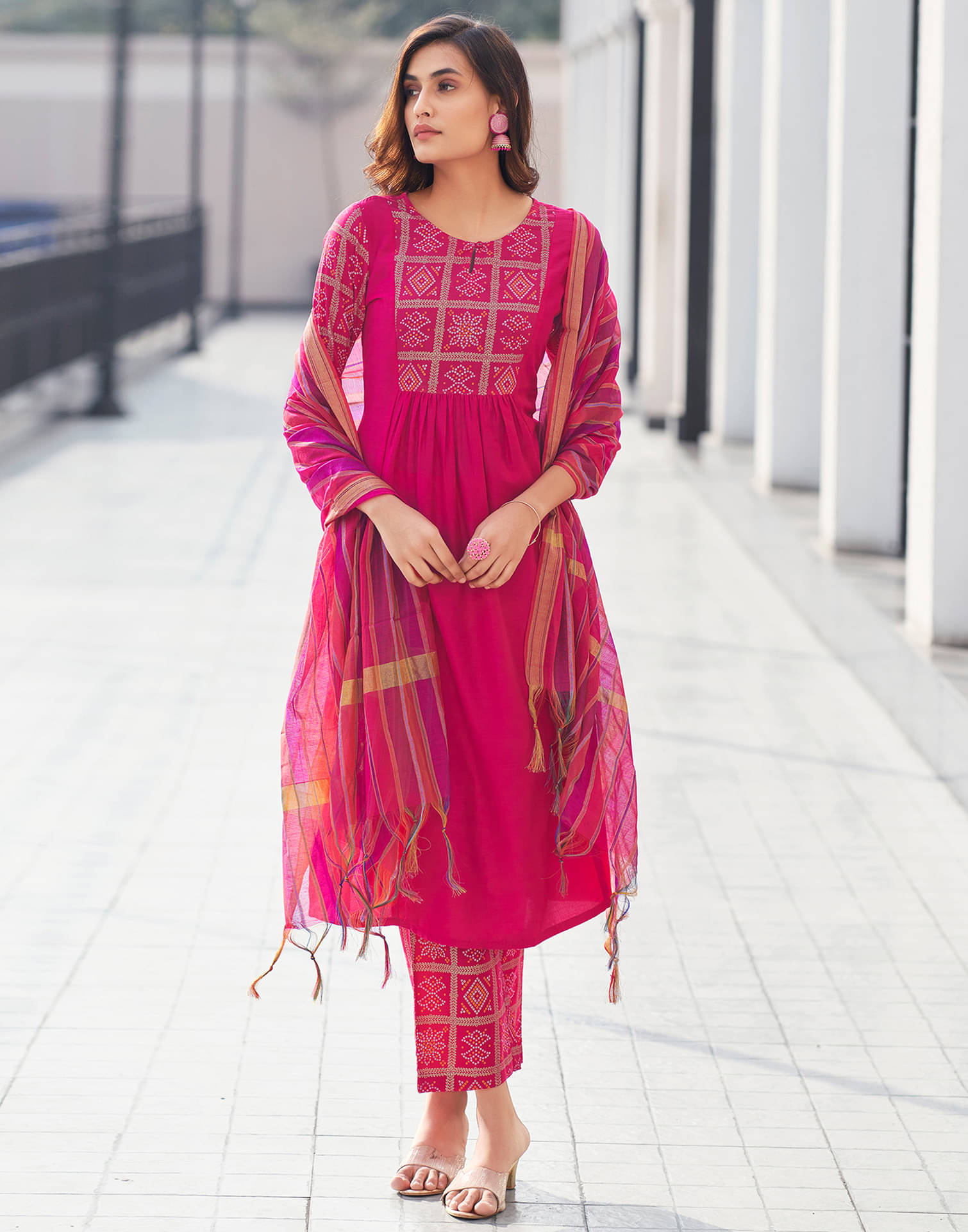     			Skylee Chiffon Printed Kurti With Pants Women's Stitched Salwar Suit - Pink ( Pack of 1 )