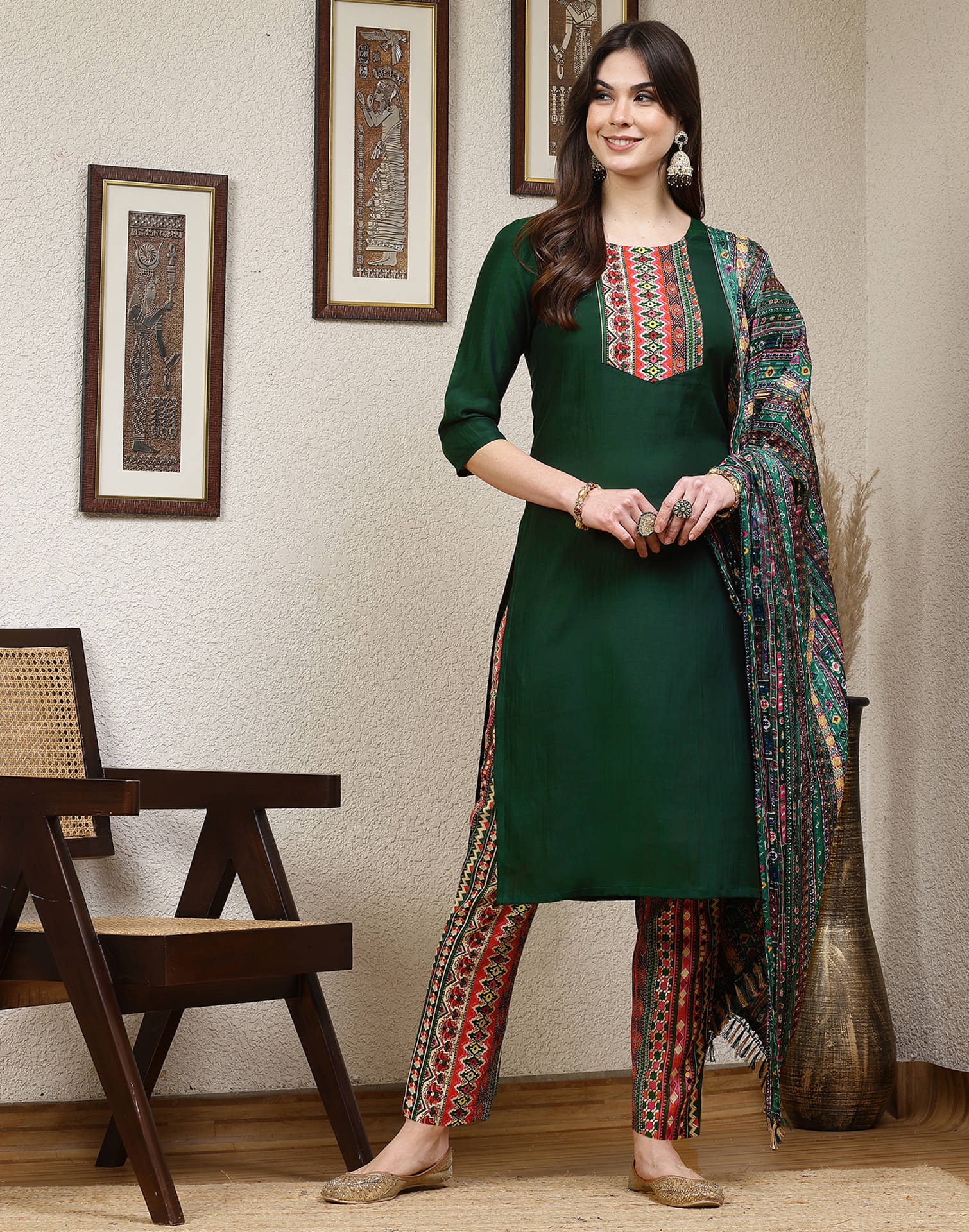     			Skylee Chiffon Printed Kurti With Pants Women's Stitched Salwar Suit - Dark Green ( Pack of 1 )