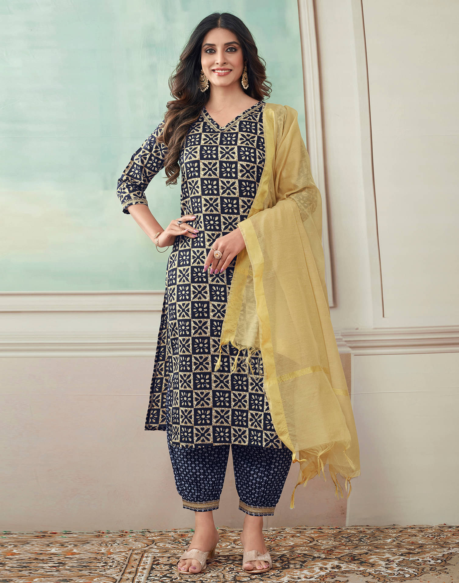 Skylee Cotton Blend Embellished Kurti With Pants Women's Stitched Salwar Suit - Navy Blue ( Pack of 1 ) Skylee Cotton Blend Embellished Kurti With Pants Women's Stitched Salwar Suit - Navy Blue ( Pack of 1 )