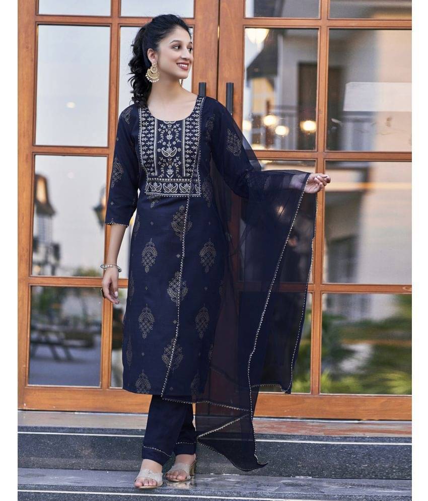 Skylee Cotton Blend Embellished Kurti With Pants Women's Stitched Salwar Suit - Navy Blue ( Pack of 1 ) Skylee Cotton Blend Embellished Kurti With Pants Women's Stitched Salwar Suit - Navy Blue ( Pack of 1 )