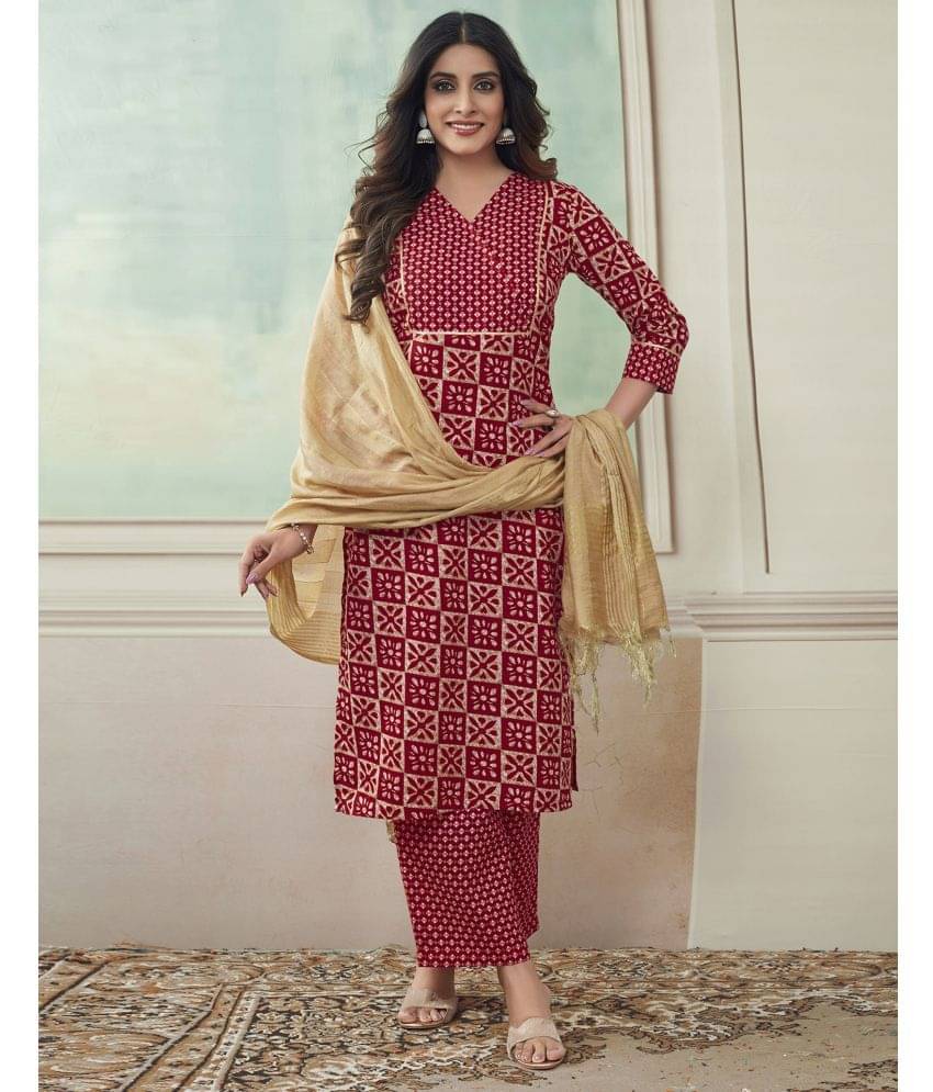 Skylee Cotton Blend Embellished Kurti With Pants Women's Stitched Salwar Suit - Red ( Pack of 1 ) Skylee Cotton Blend Embellished Kurti With Pants Women's Stitched Salwar Suit - Red ( Pack of 1 )