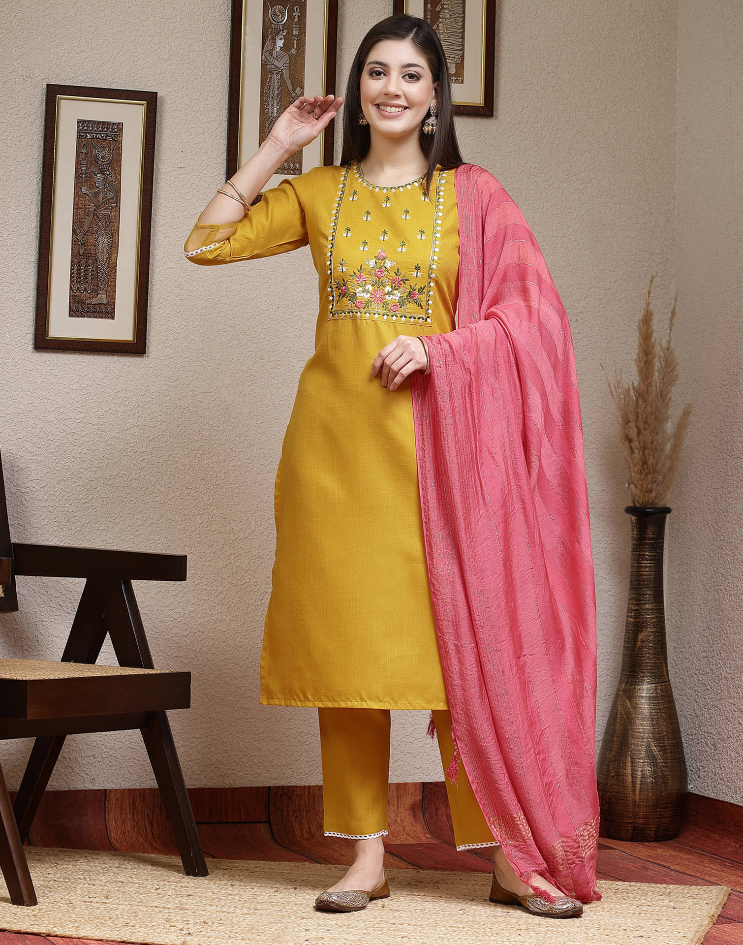 Skylee Cotton Blend Embroidered Kurti With Pants Women's Stitched Salwar Suit - Yellow ( Pack of 1 ) Skylee Cotton Blend Embroidered Kurti With Pants Women's Stitched Salwar Suit - Yellow ( Pack of 1 )